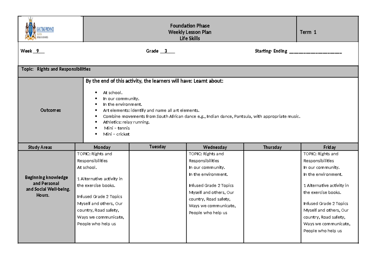 Grade 3 Life Skills Lesson Plan - Week 9: Rights & Responsibilities ...
