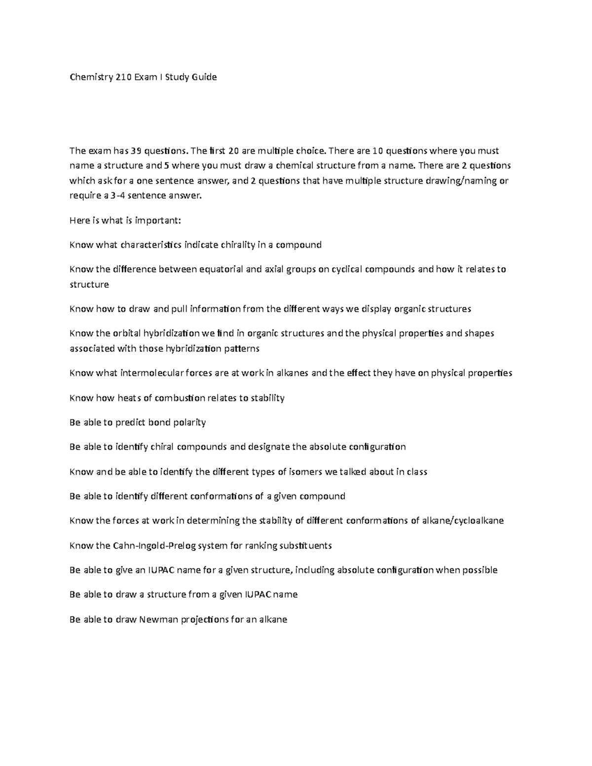 Chemistry 210 Exam I Study Guide - Chemistry 210 Exam I Study Guide The ...