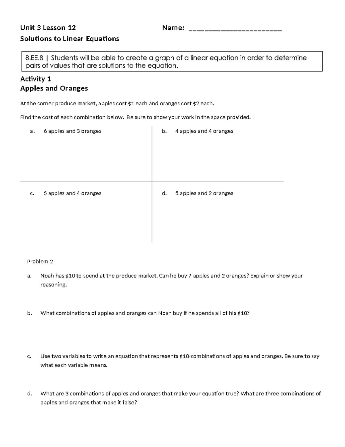 U3 L12 Solutions to Linear Equations - Unit 3 Lesson 12 Name ...
