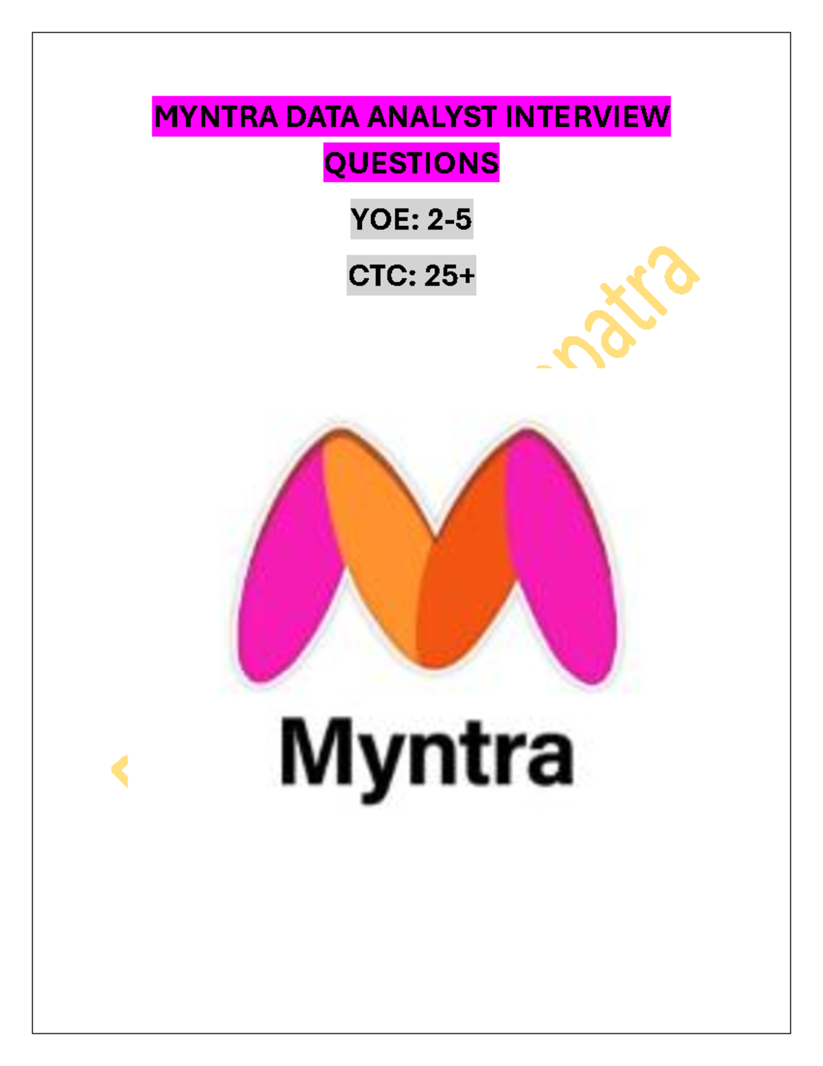 MYNTRA DATA ANALYST INTERVIEW QUESTIONS & SQL QUERIES Cheat Sheet - Studocu