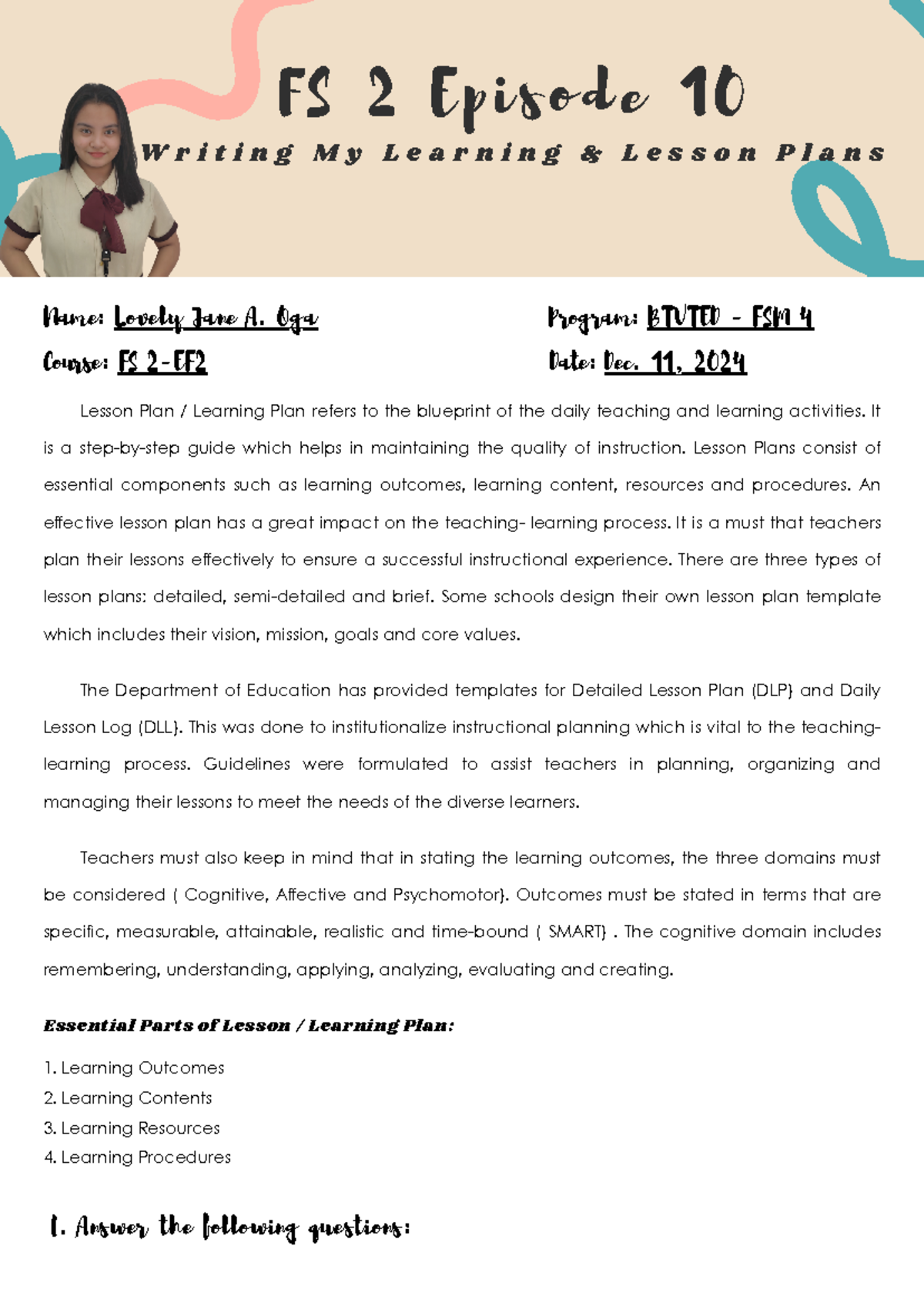 FS 2-EF2 Lesson Plan: Episode 10 - My Field Study Activity - Studocu