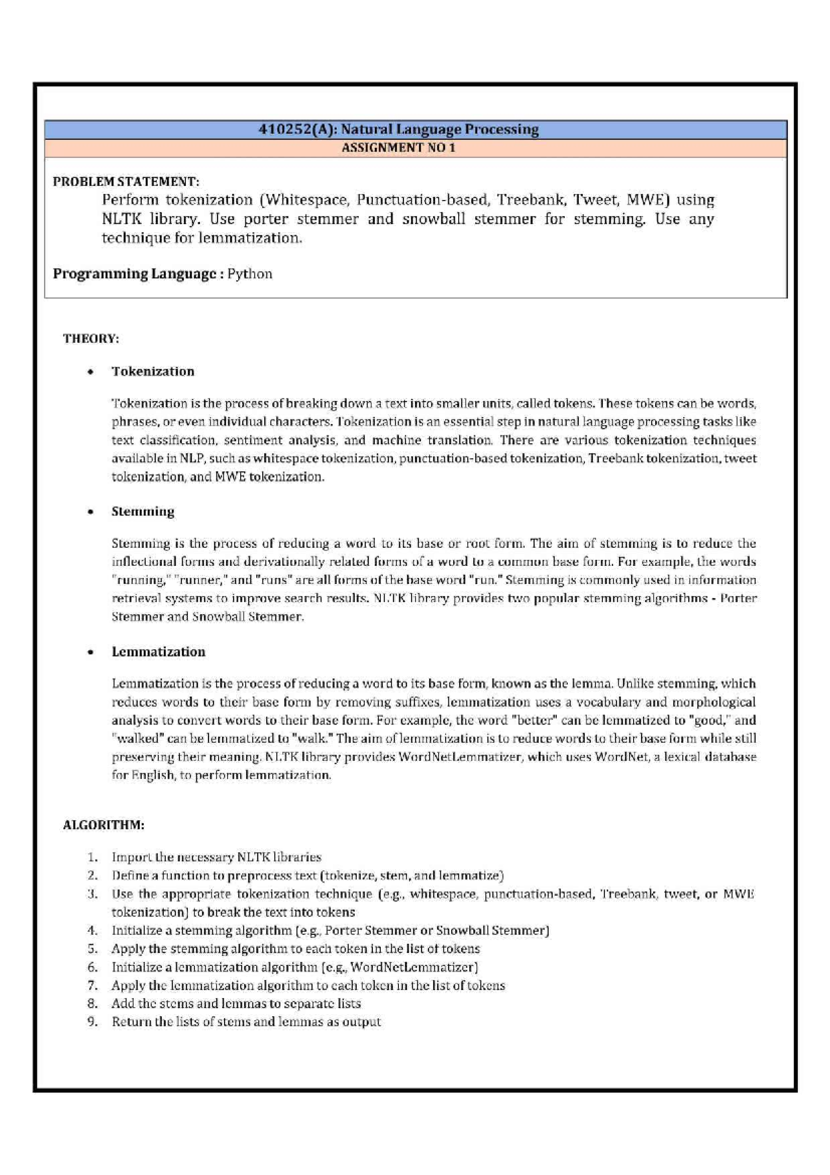 410252(A): Natural Language Processing ASSIGNMENT NO 1 - Tokenization ...