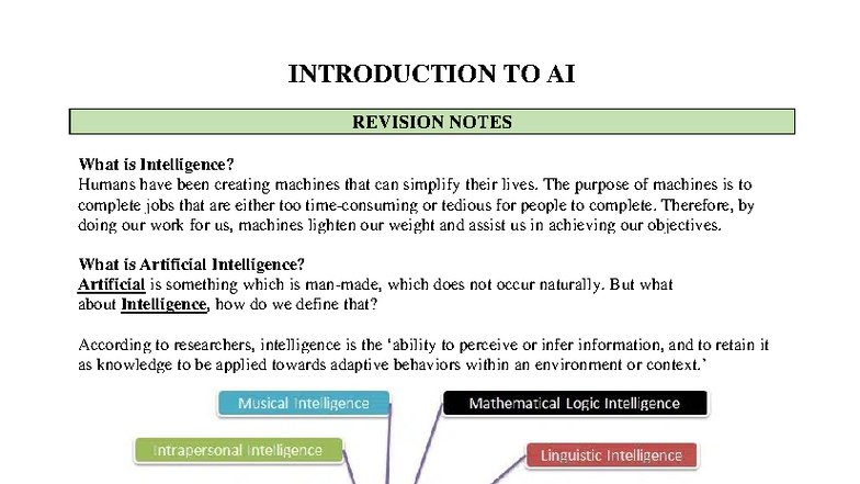 01 Introduction to AI: Key Concepts and Revision Notes - Studocu