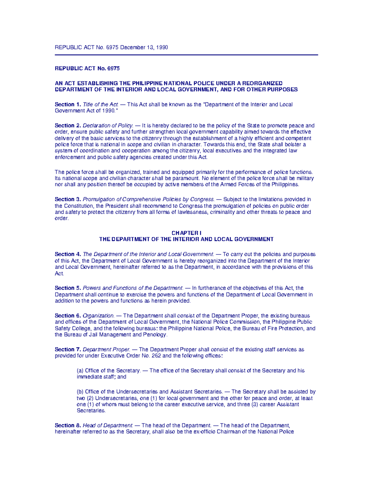 RA 6975: Establishing the Philippine National Police and Local ...