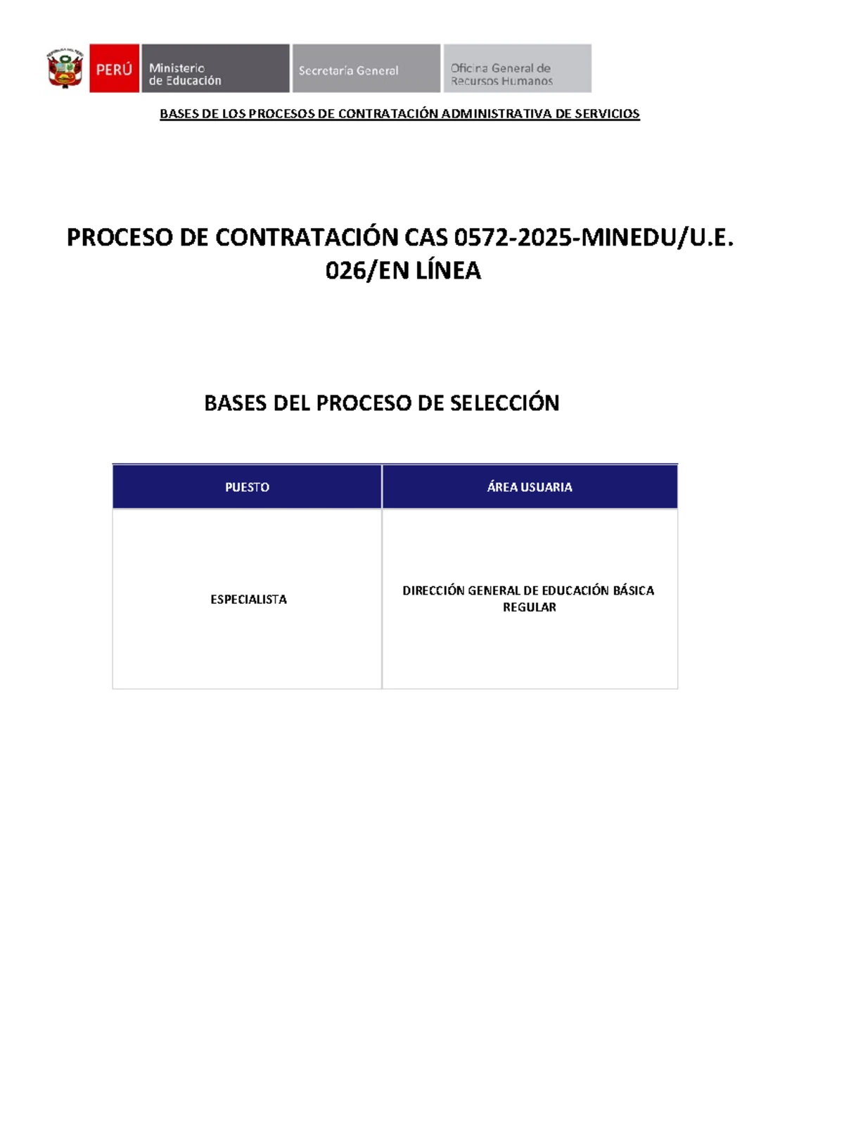 Bases del Proceso de Selección CAS - PUESTO PROFESIONAL ALTO ...