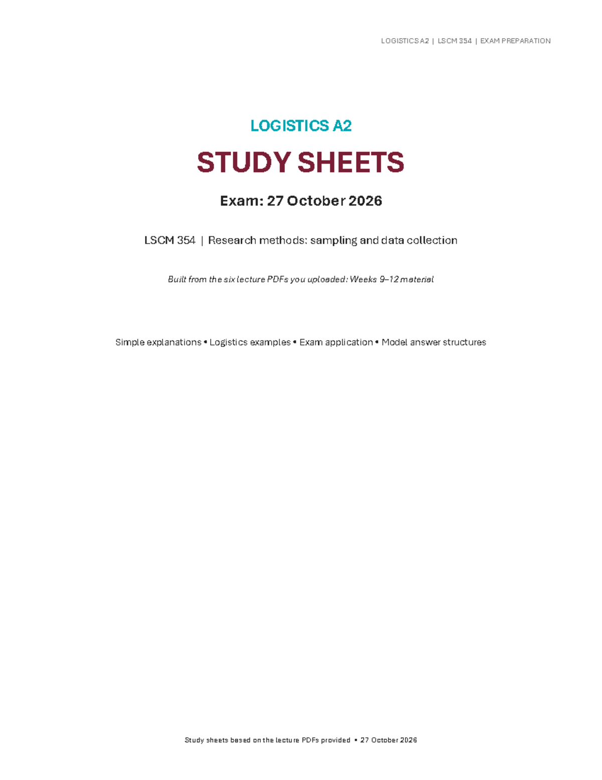 LOGISTICS A2 LSCM 354 EXAM PREPARATION STUDY SHEETS AND SUMMARIES - Studocu