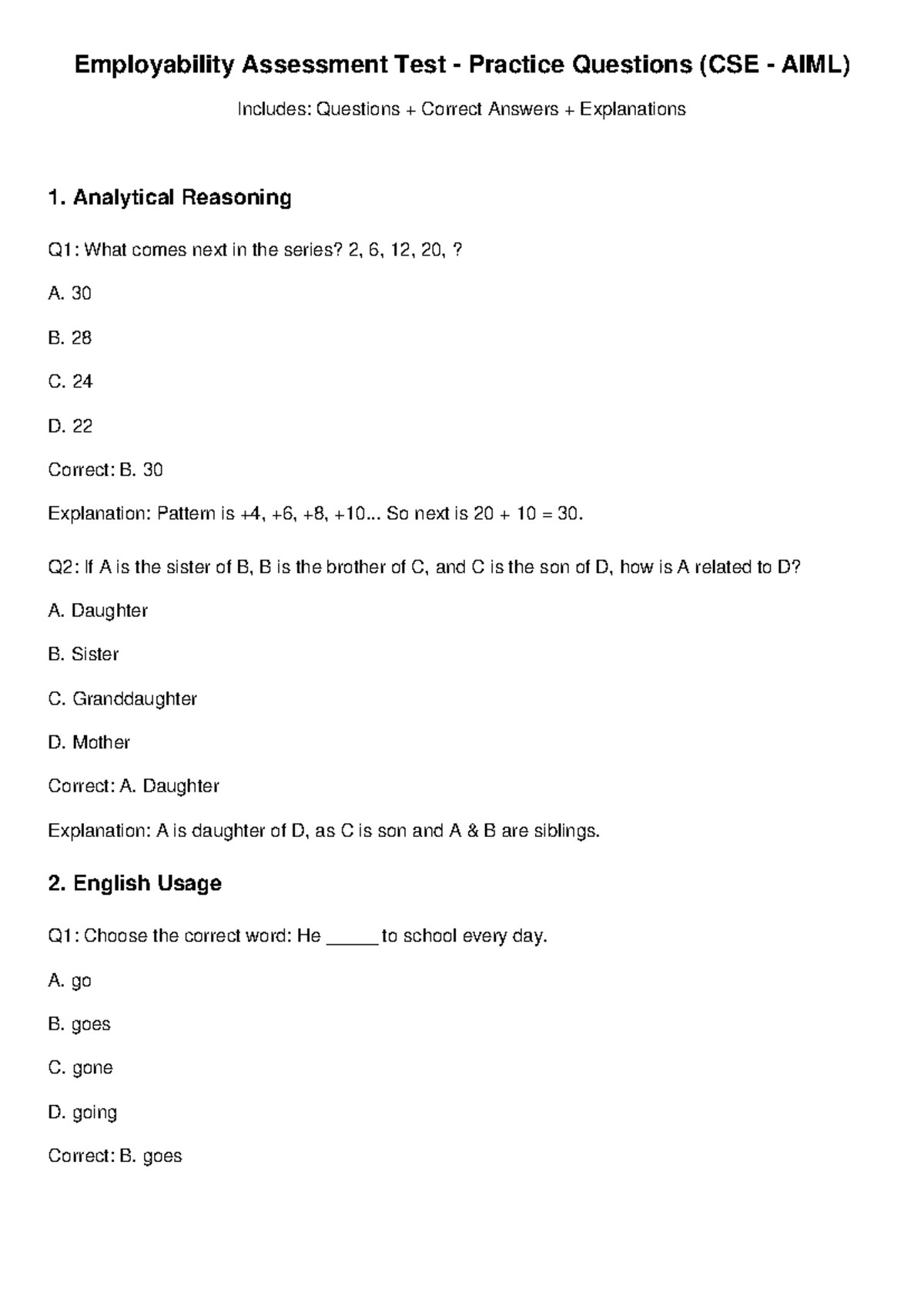 Employability Assessment Test Questions & Answers (CSE AIML) - Studocu