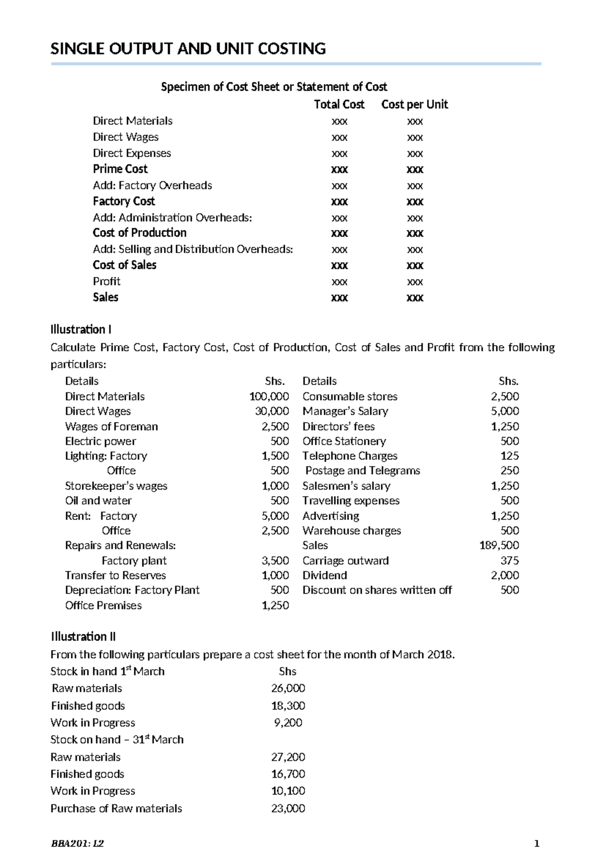 Illustration CA - SINGLE OUTPUT AND UNIT COSTING - SINGLE OUTPUT AND ...