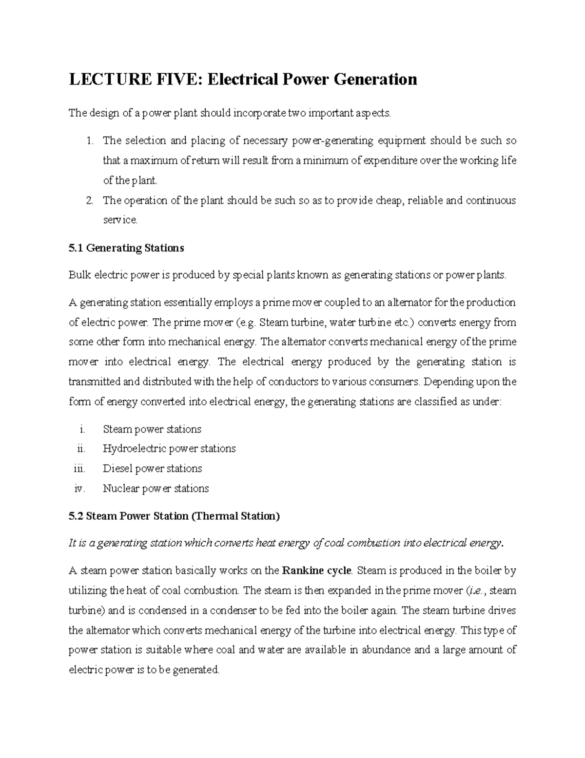 Lecture 5: Overview of Electrical Power Generation Systems - Studocu
