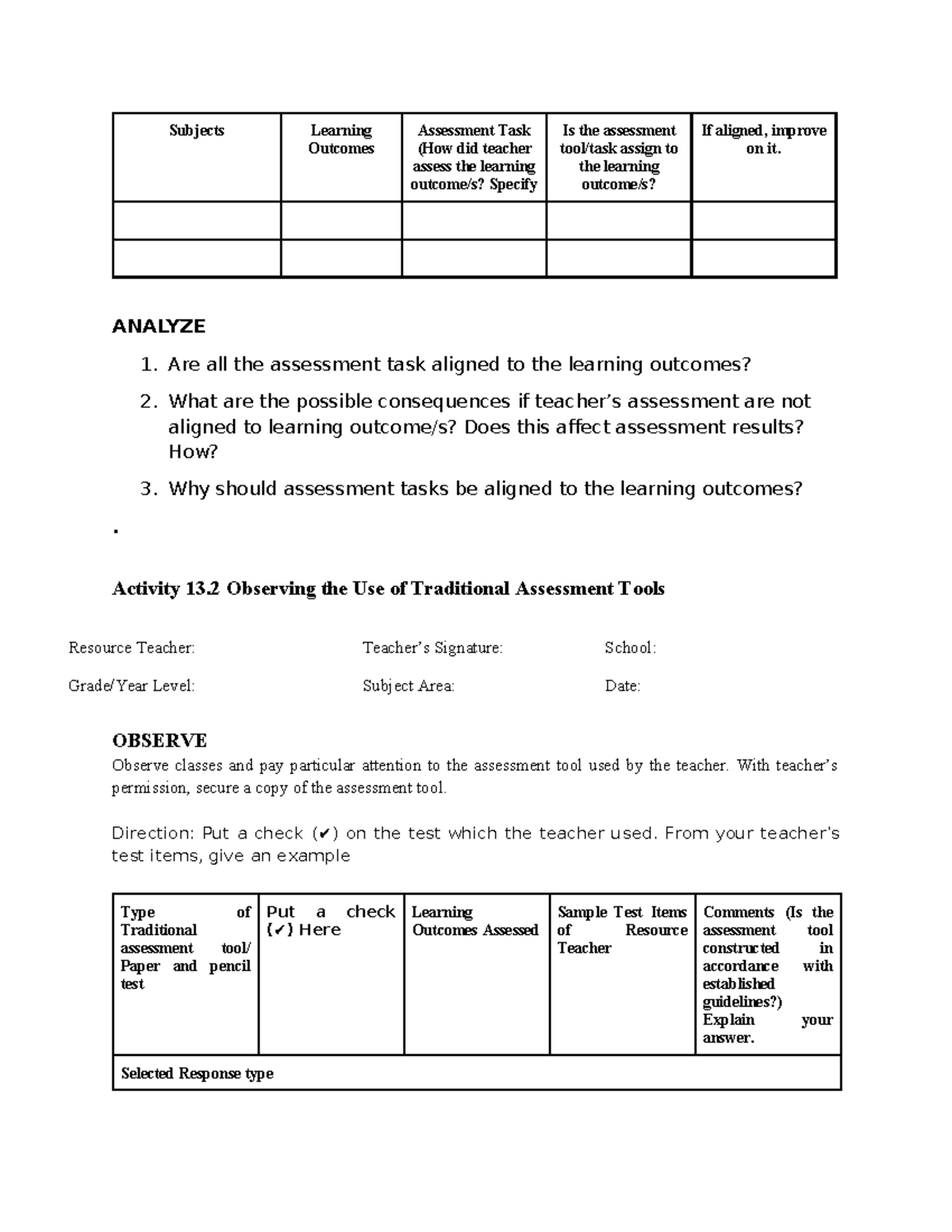 Fs - Field Study: Analyzing Assessment Alignment with Learning Outcomes ...
