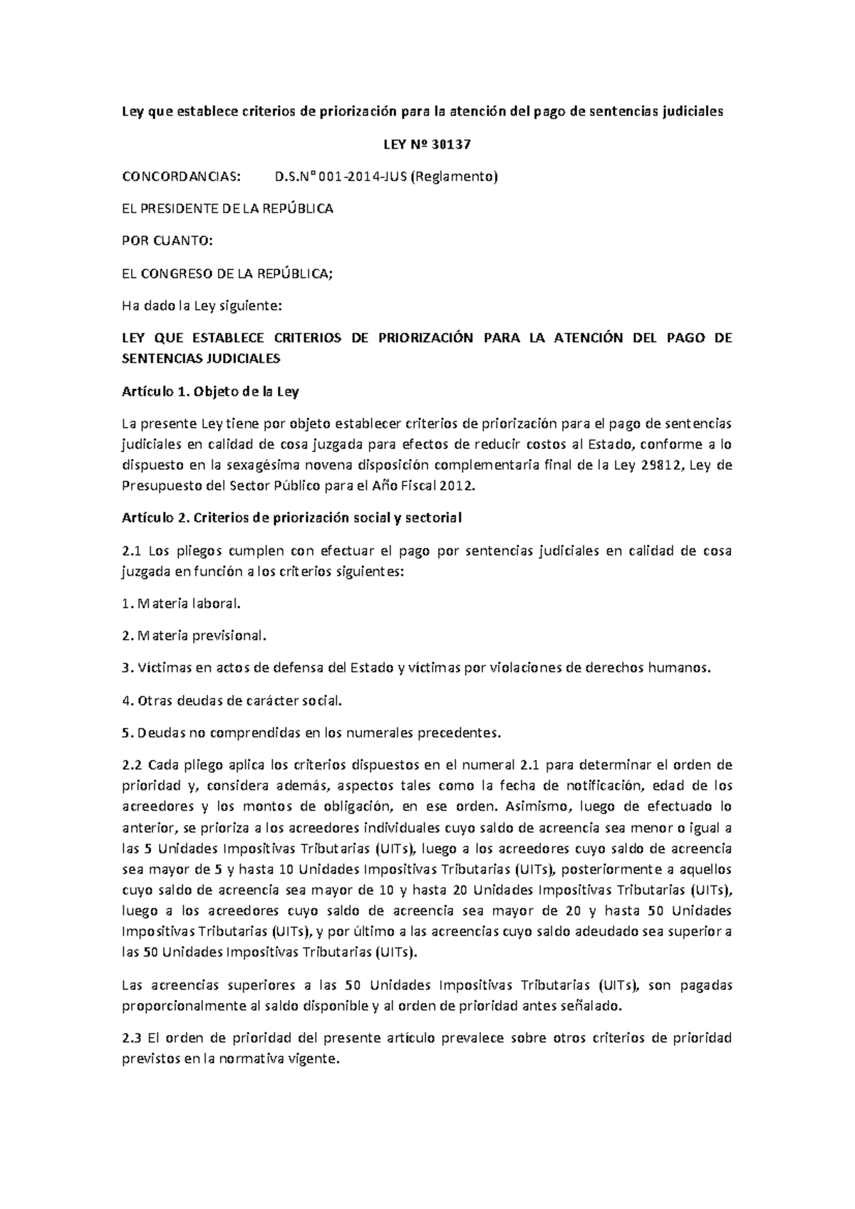 Ley N° 30137: Criterios de Priorización para Pago de Sentencias ...