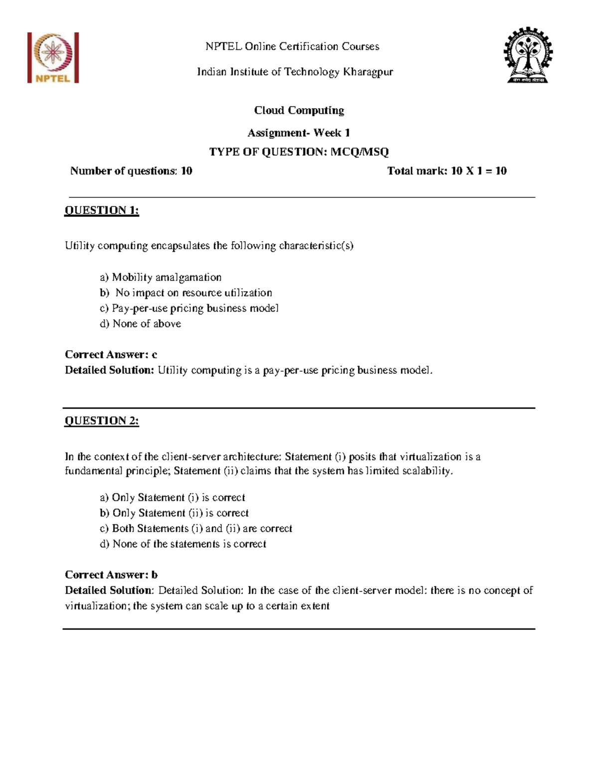 NPTEL Cloud Computing Week 1-6 Exam Questions and Solutions - Studocu