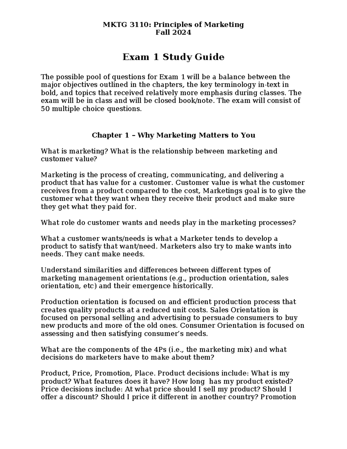 MKTG 3110 Principles of Marketing Fall 2024 Exam 1 Study