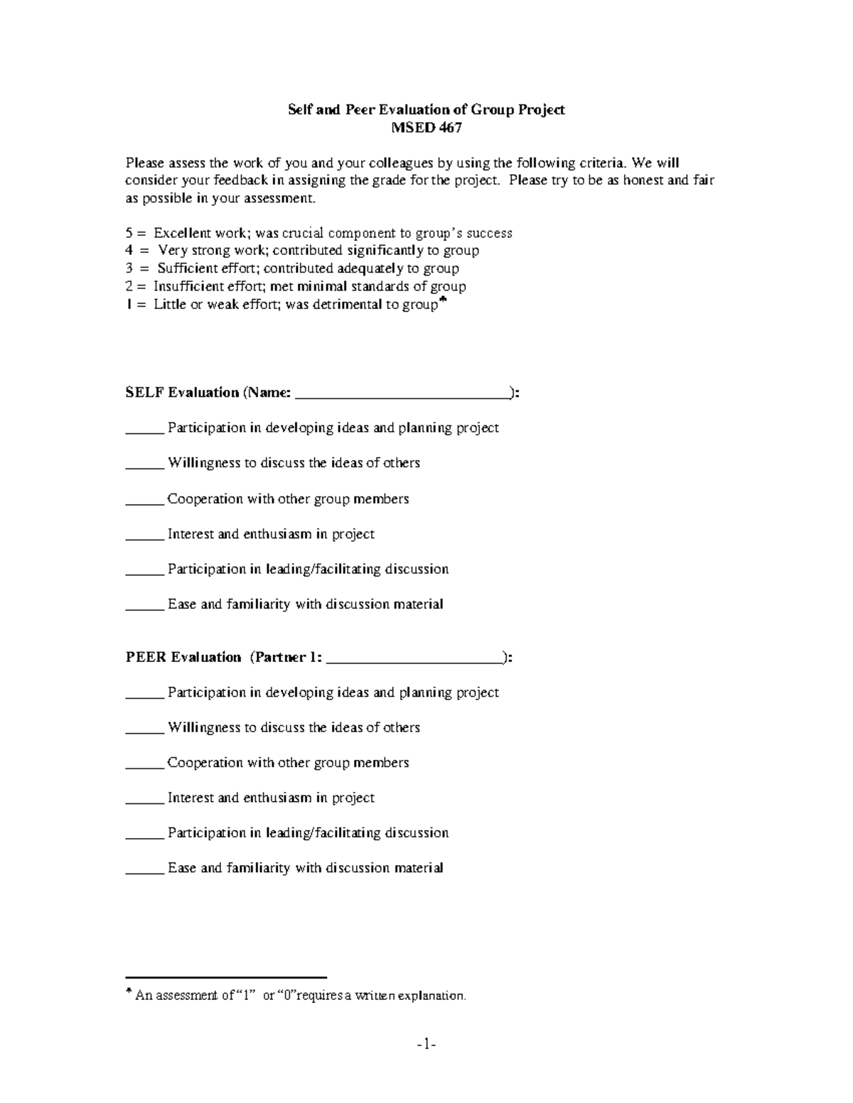MSED 467 Group Project Self & Peer Evaluation Form Sample - Studocu