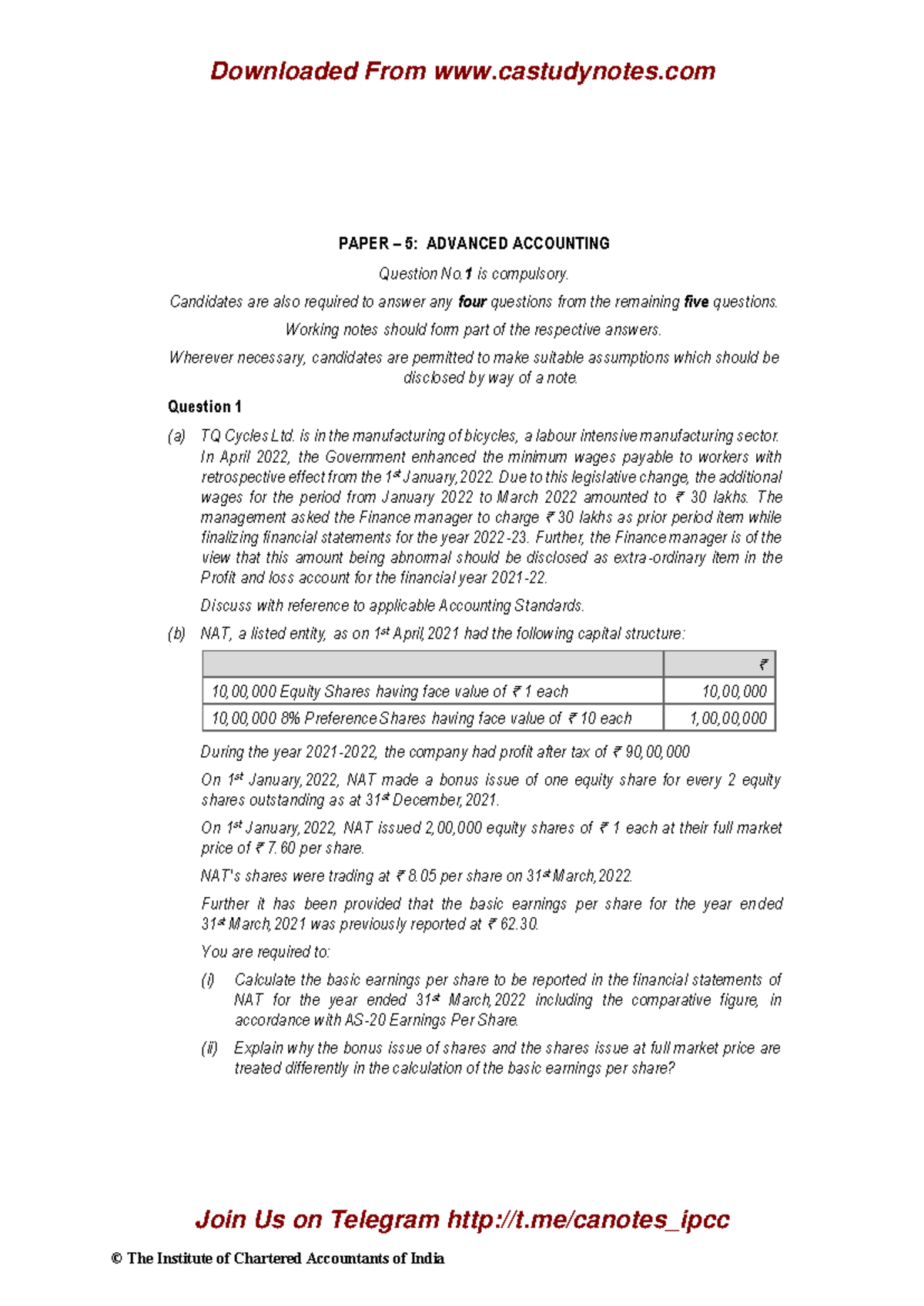 CA Inter Paper 5: Suggested Answers for Advanced Accounts May 2022 ...