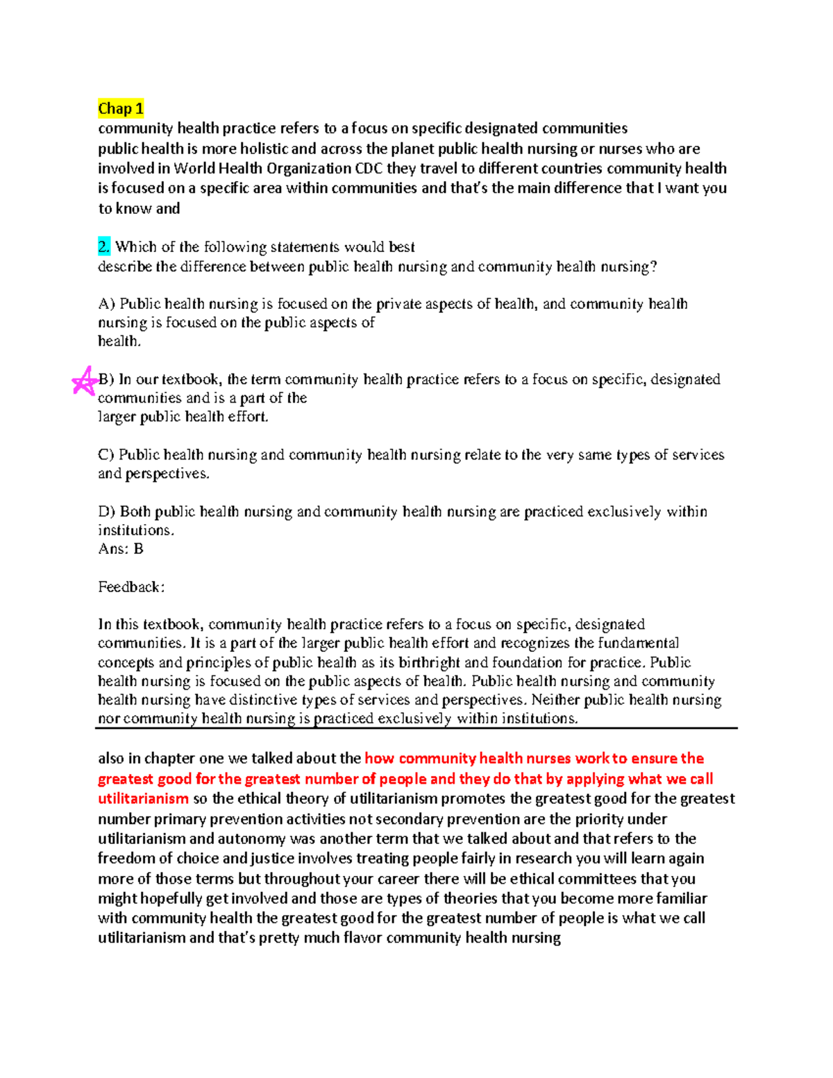 Final notes - Chap 1 community health practice refers to a focus on ...