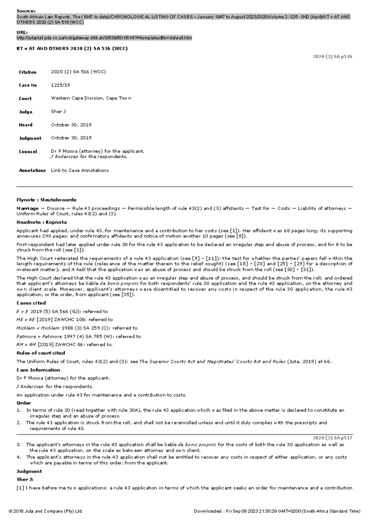 KT v AT AND Others 2020 (2) SA 516 (WCC) - Rule 43 Application Analysis ...