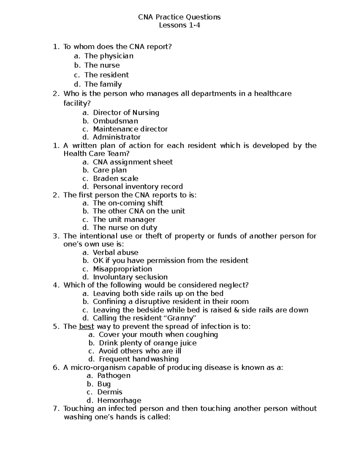 CNA 101: Practice Questions for Lessons 1-4 - Studocu