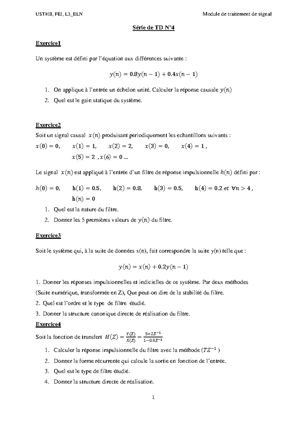 Td4 TS - Exercice de Traitement de Signal USTHB, FEI, L3_ELN - Studocu