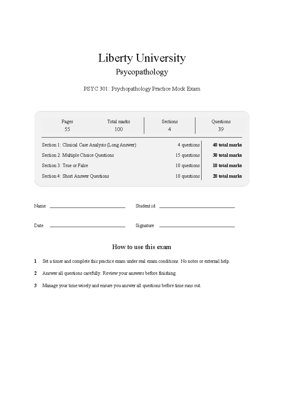 Liberty University PSYC 301: Psychopathology Practice Mock Exam 2026 ...