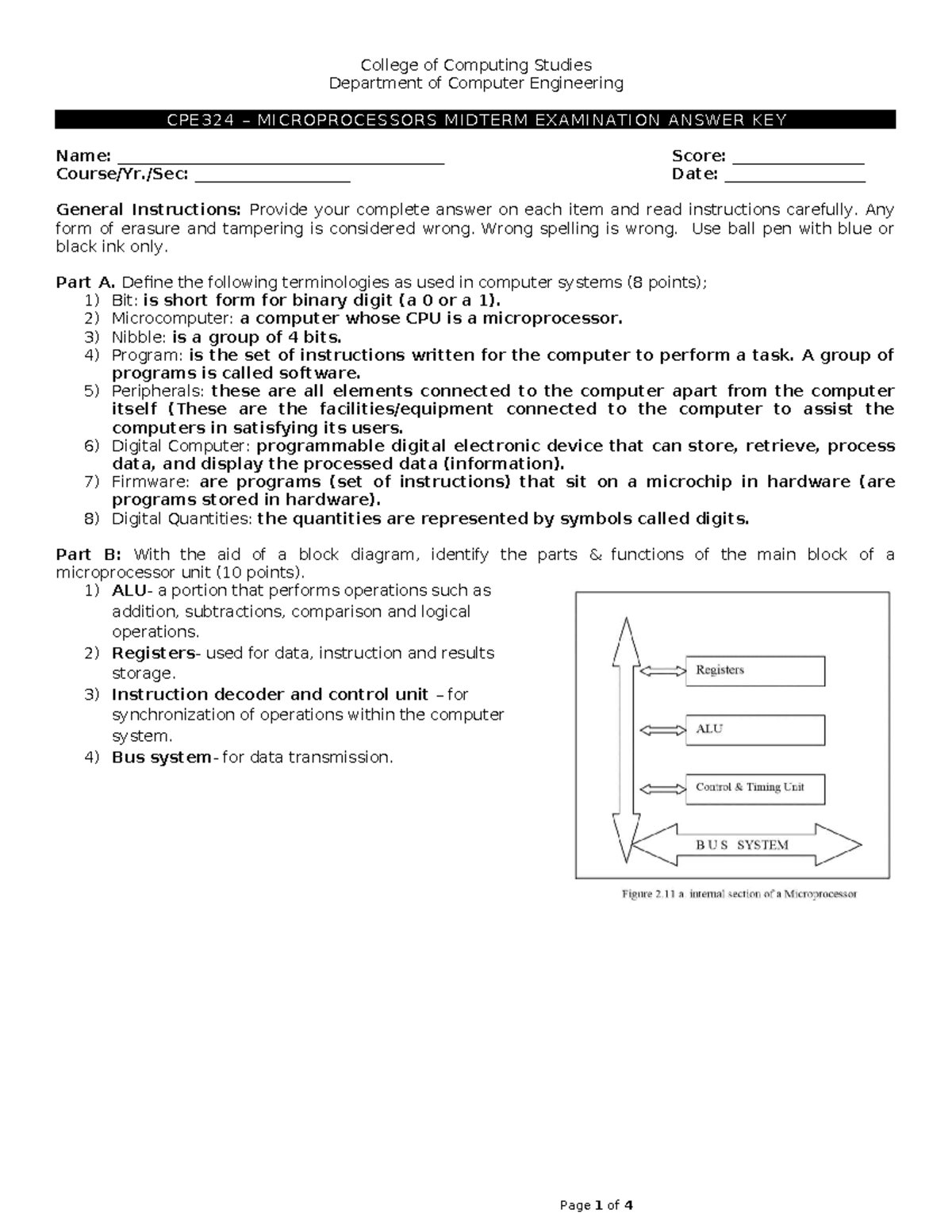 CPE32 4 Microprocessors Midterm Exam Answer Key - Studocu