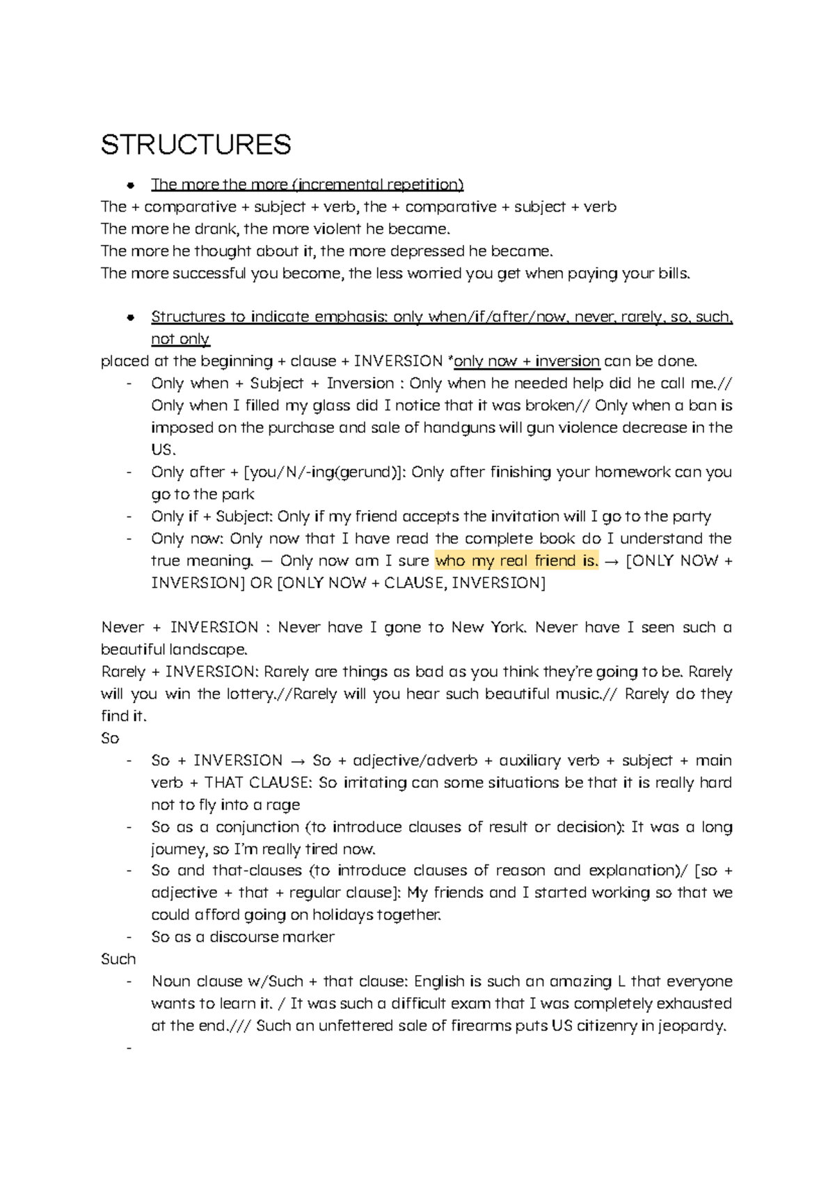 USE OF English Final Exam Notes on Sentence Structures and ...