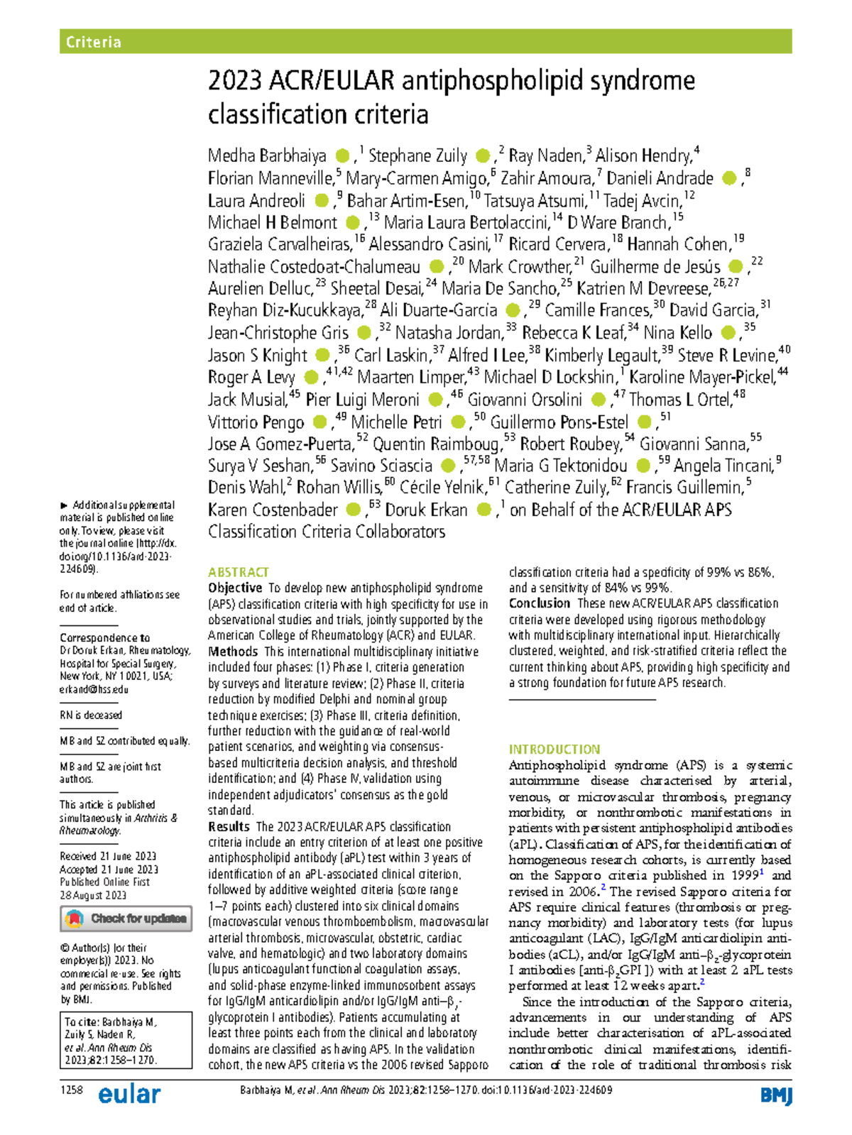 2023 ACR/EULAR Antiphospholipid Syndrome Classification Criteria - Studocu