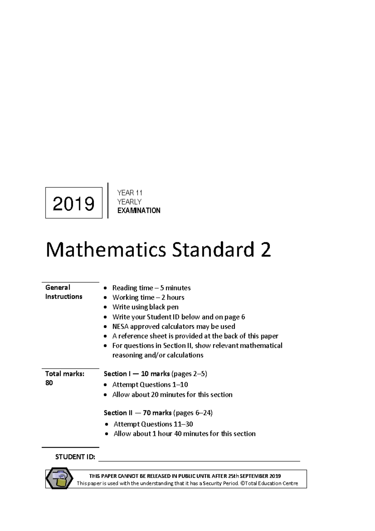 2019 Year 11 Mathematics Standard Yearly Exam Paper - Studocu