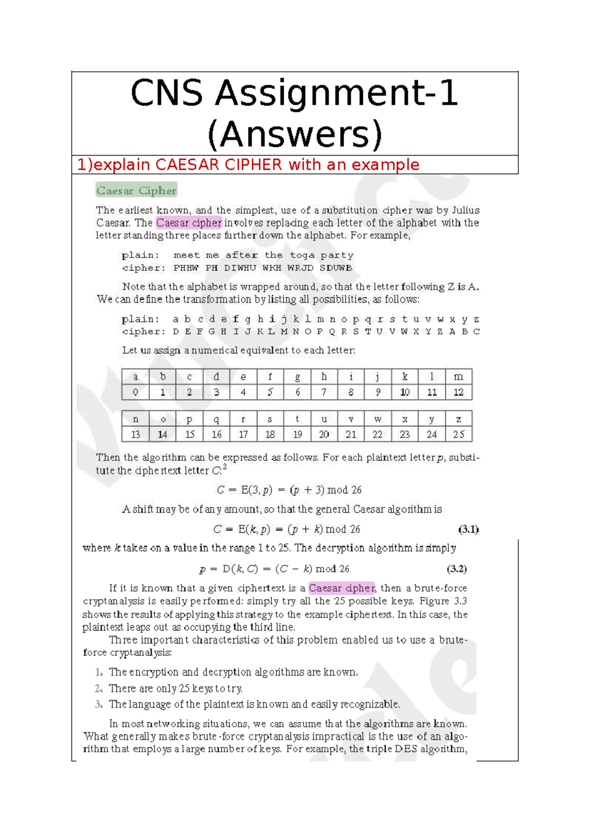 CNS Assignment Answers: Cryptography Concepts Explained - Studocu