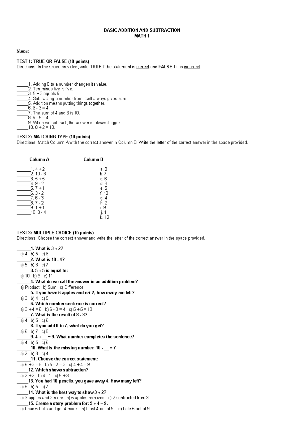 BASIC ADDITION AND SUBTRACTION MATH 1 ASSESSMENT: TRUE/FALSE, MATCHING ...