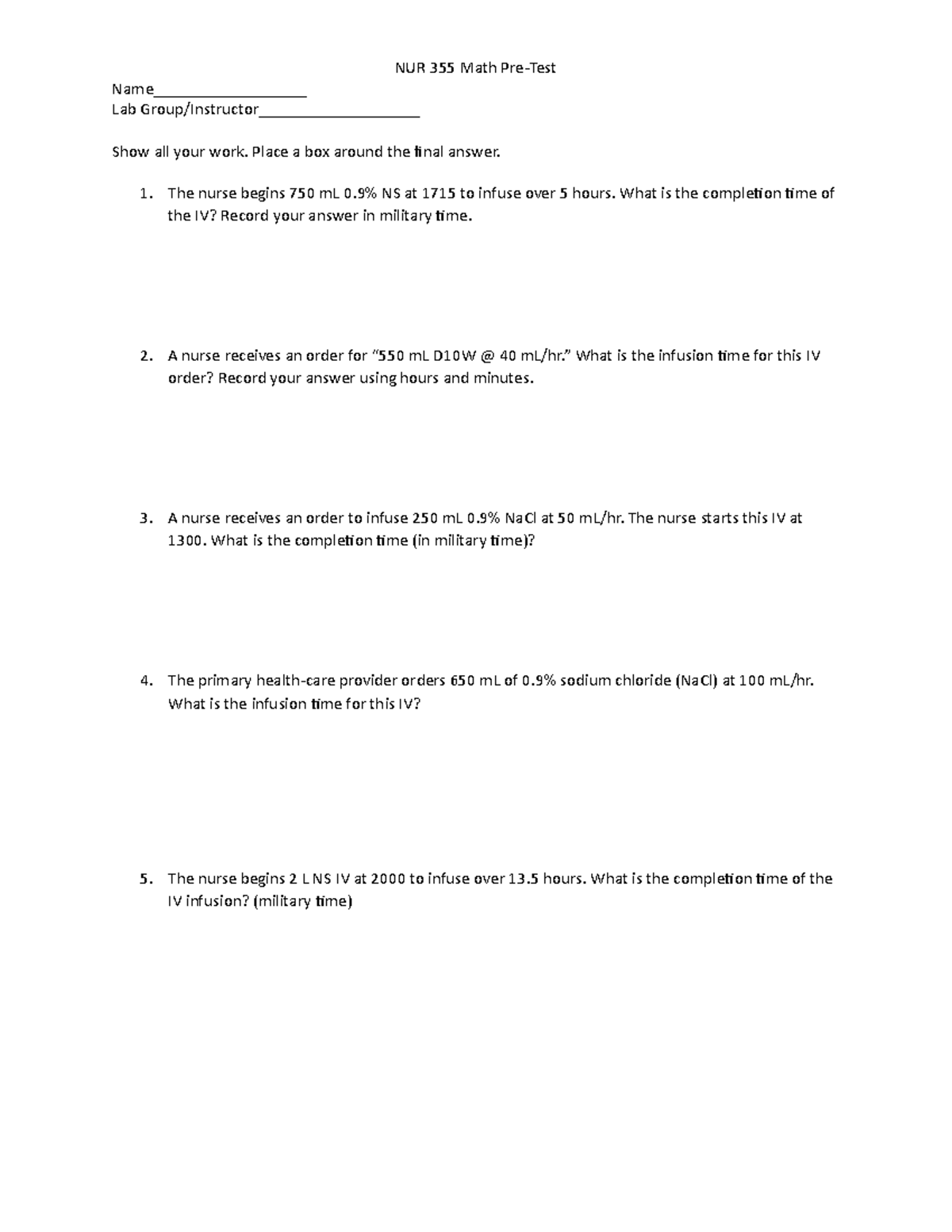 Med Math Pretest: IV Infusion Calculations & Medication Dosing - Studocu