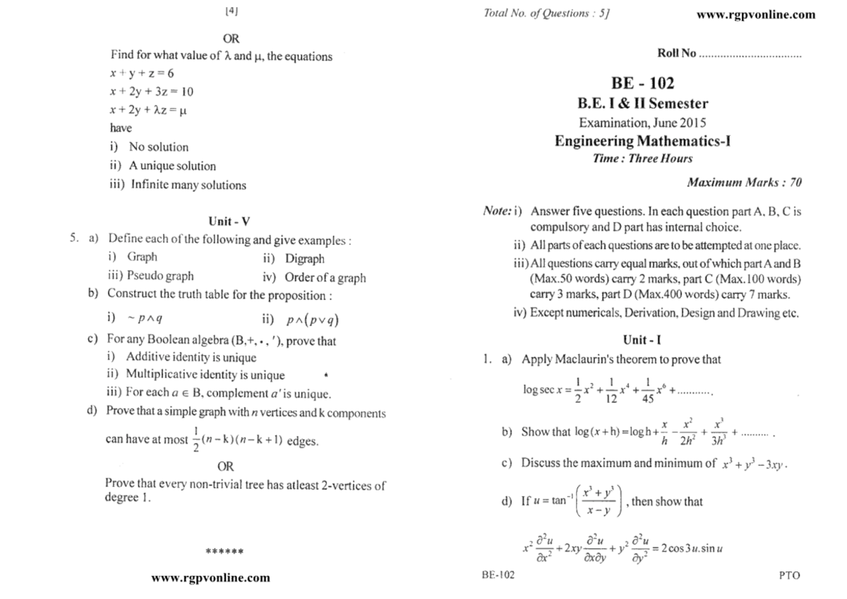 Be 102 engineering mathematics 1 jun 2015 - Total No. of Questions : OR ...