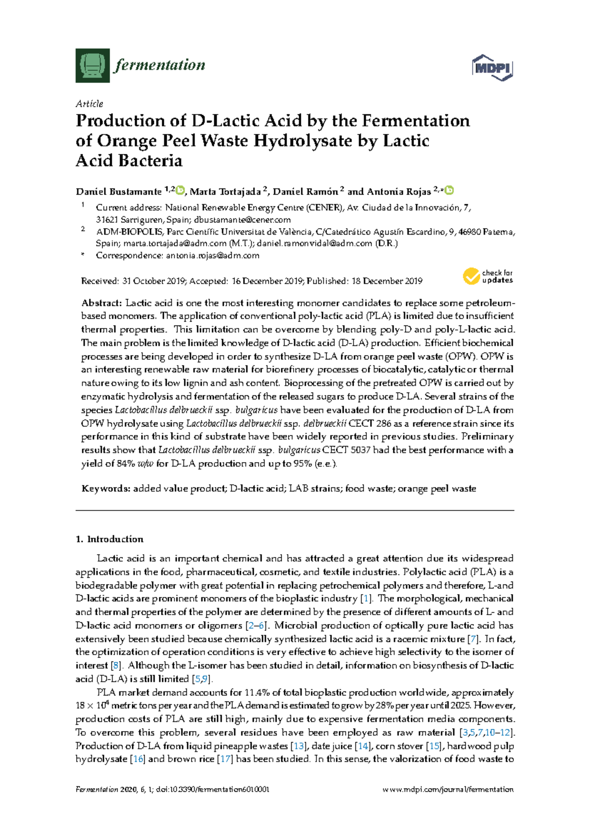 Production of Lactic Acid from Orange Peel Waste Hydrolysate by LAB ...