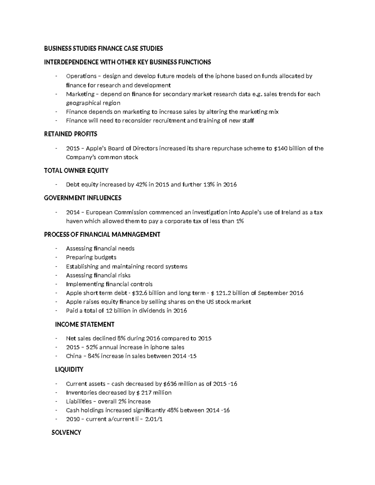 BUSINESS STUDIES FINANCE CASE STUDIES: APPLE'S PERFORMANCE ANALYSIS ...