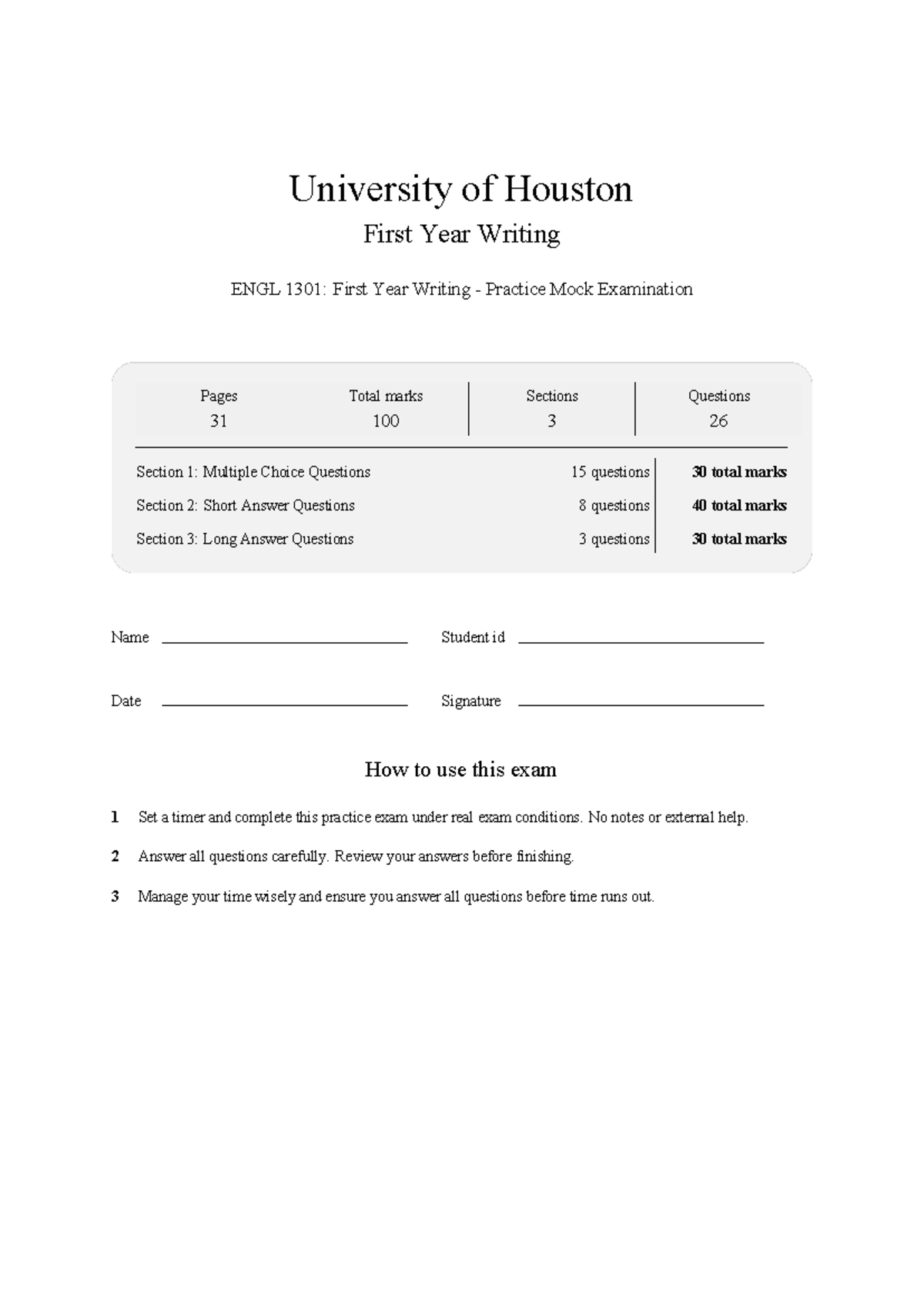 ENGL 1301 First Year Writing Mock Exam Practice Notes 2026 - Studocu