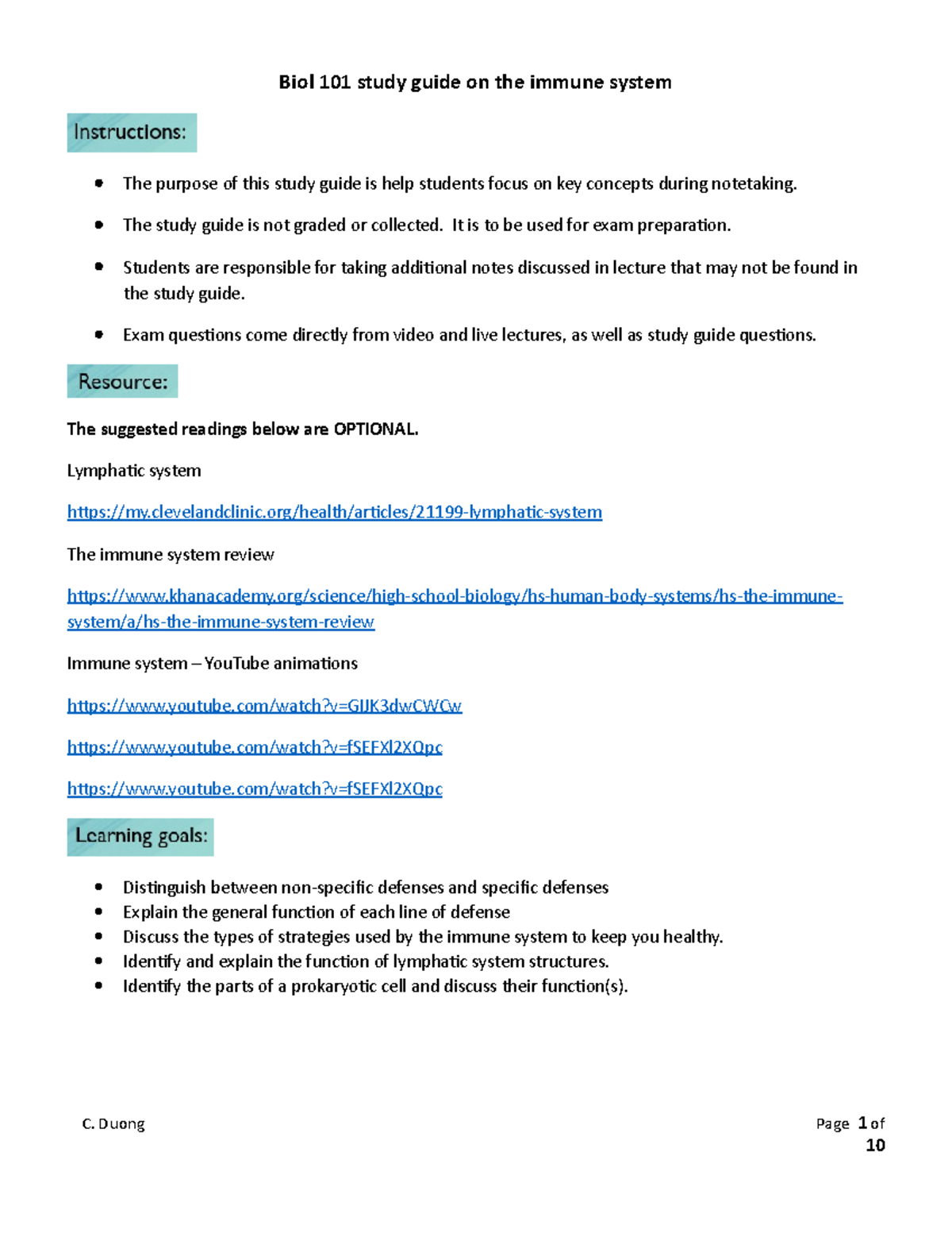 Biol 101 - Immune System Study Guide for F22 Final Exam - Studocu