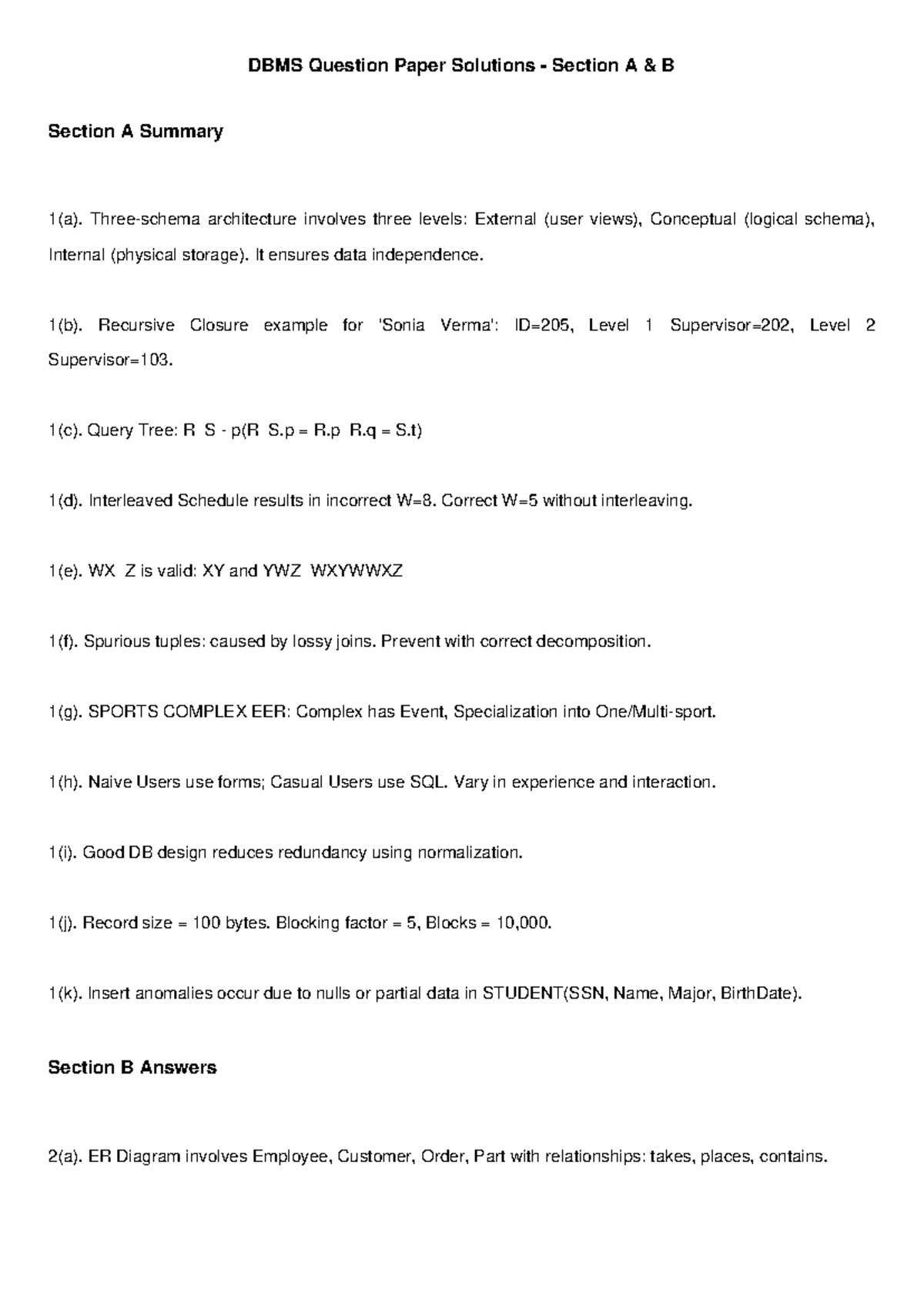 DBMS Question Paper Solutions: Section A & B Answers Overview - Studocu