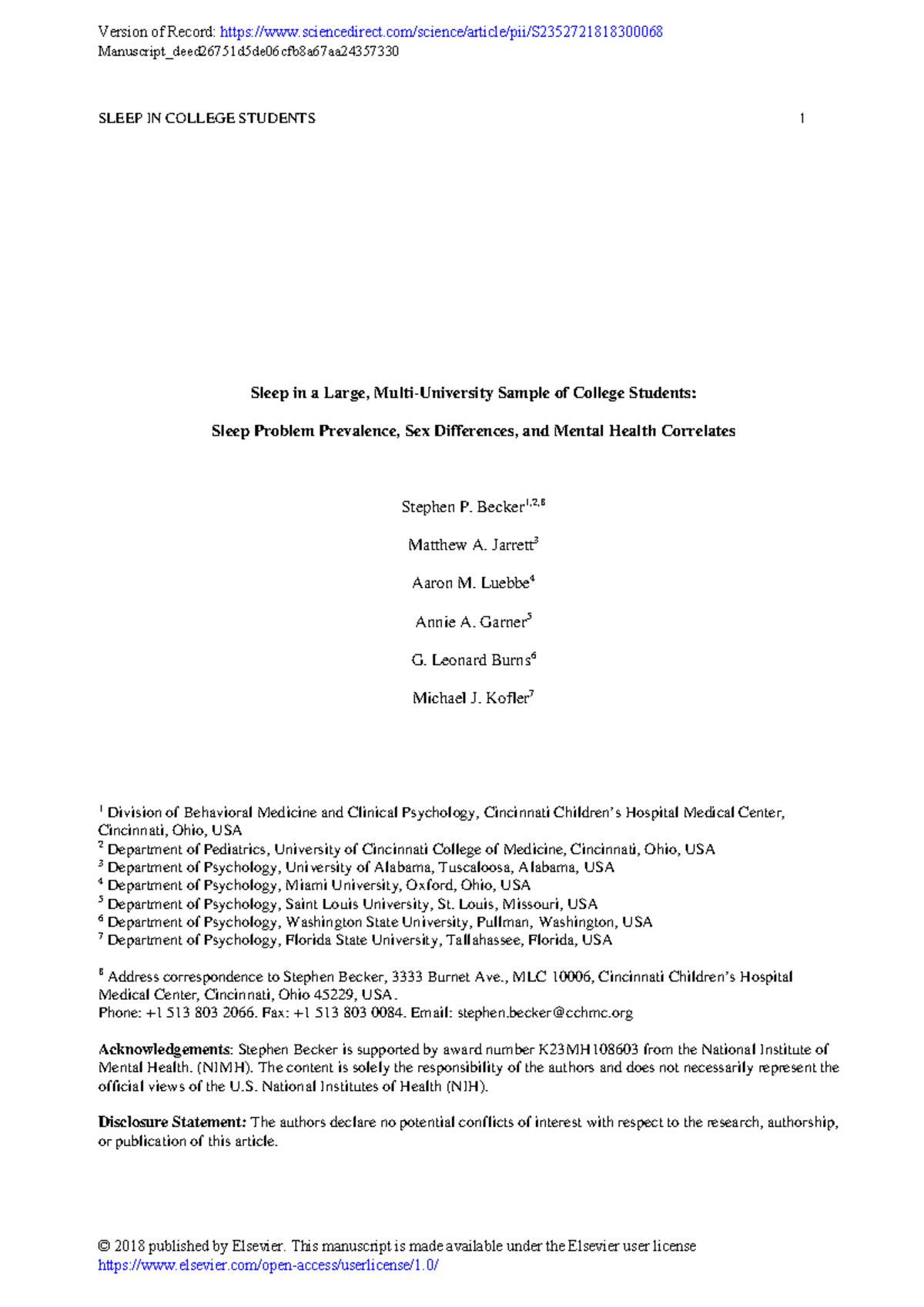 Sleep in a large, multi-university sample of college students sleep ...