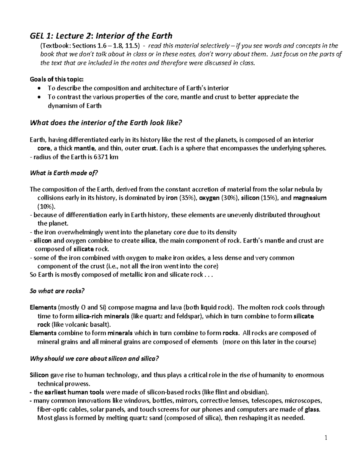 GEL 1: Lecture 2 - Interior of the Earth (Week 2 Notes) - GEL 1 ...