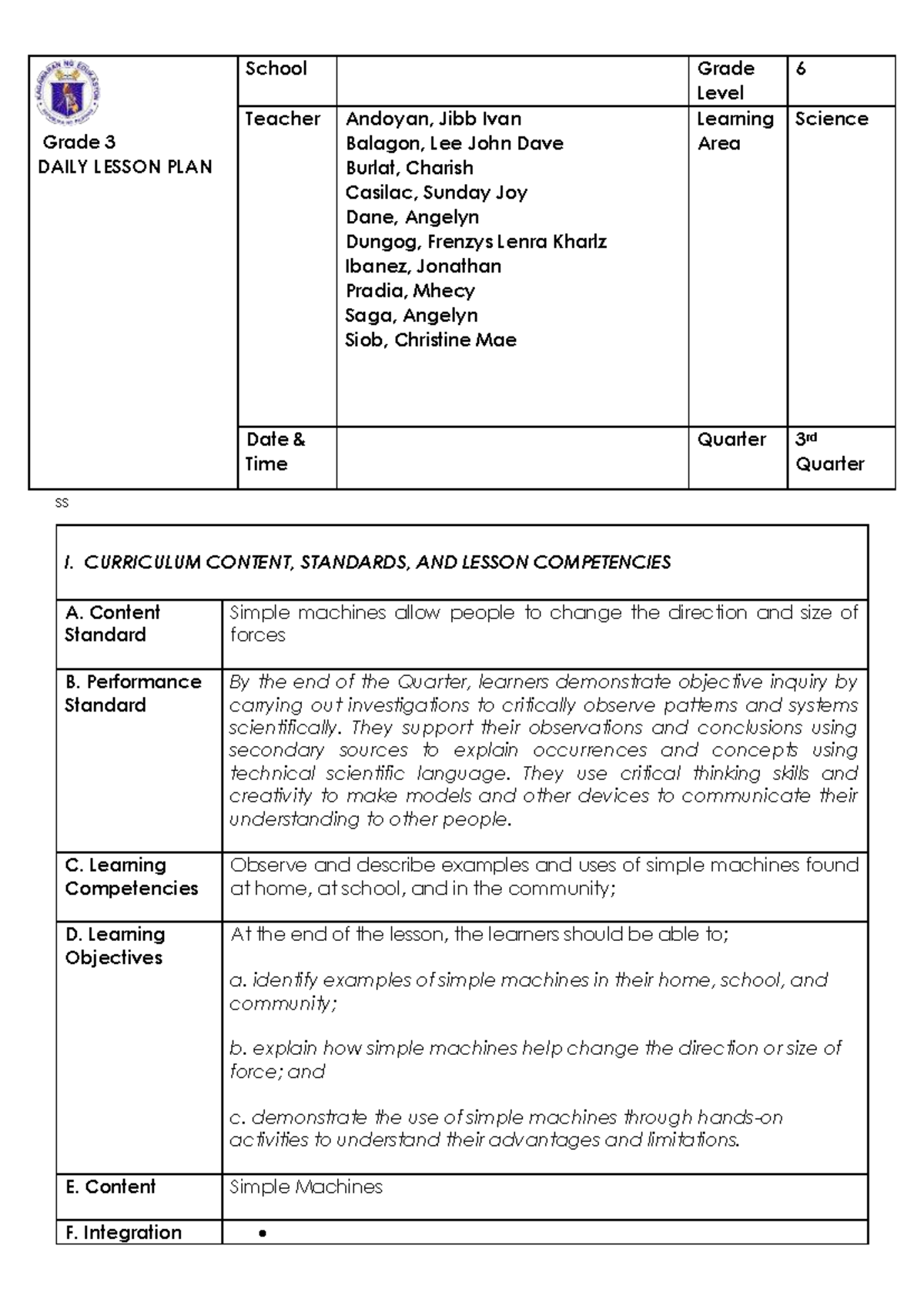 Grade 3 Science Daily Lesson Plan: Simple Machines (3rd Quarter) - Studocu