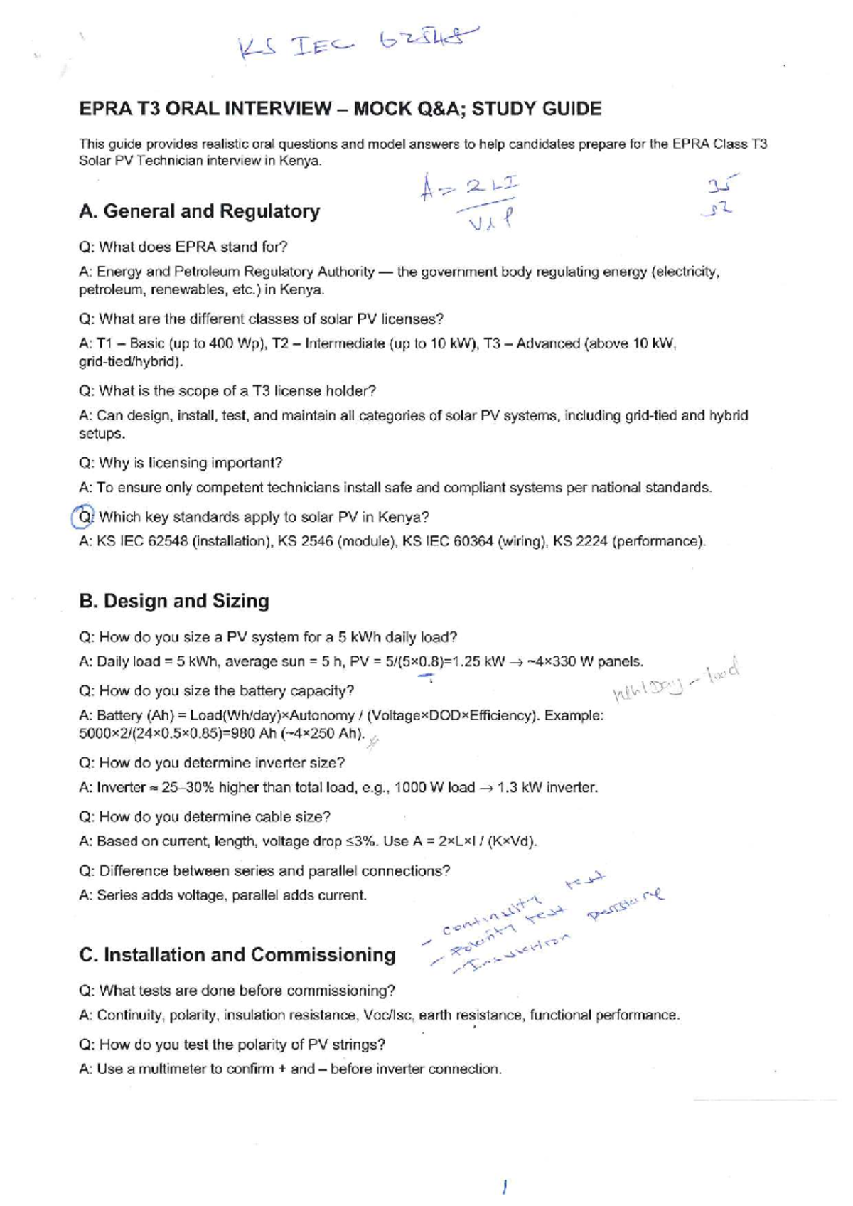 EPRA T3 Oral Interview Mock Study Guide for Solar PV Technicians - Studocu