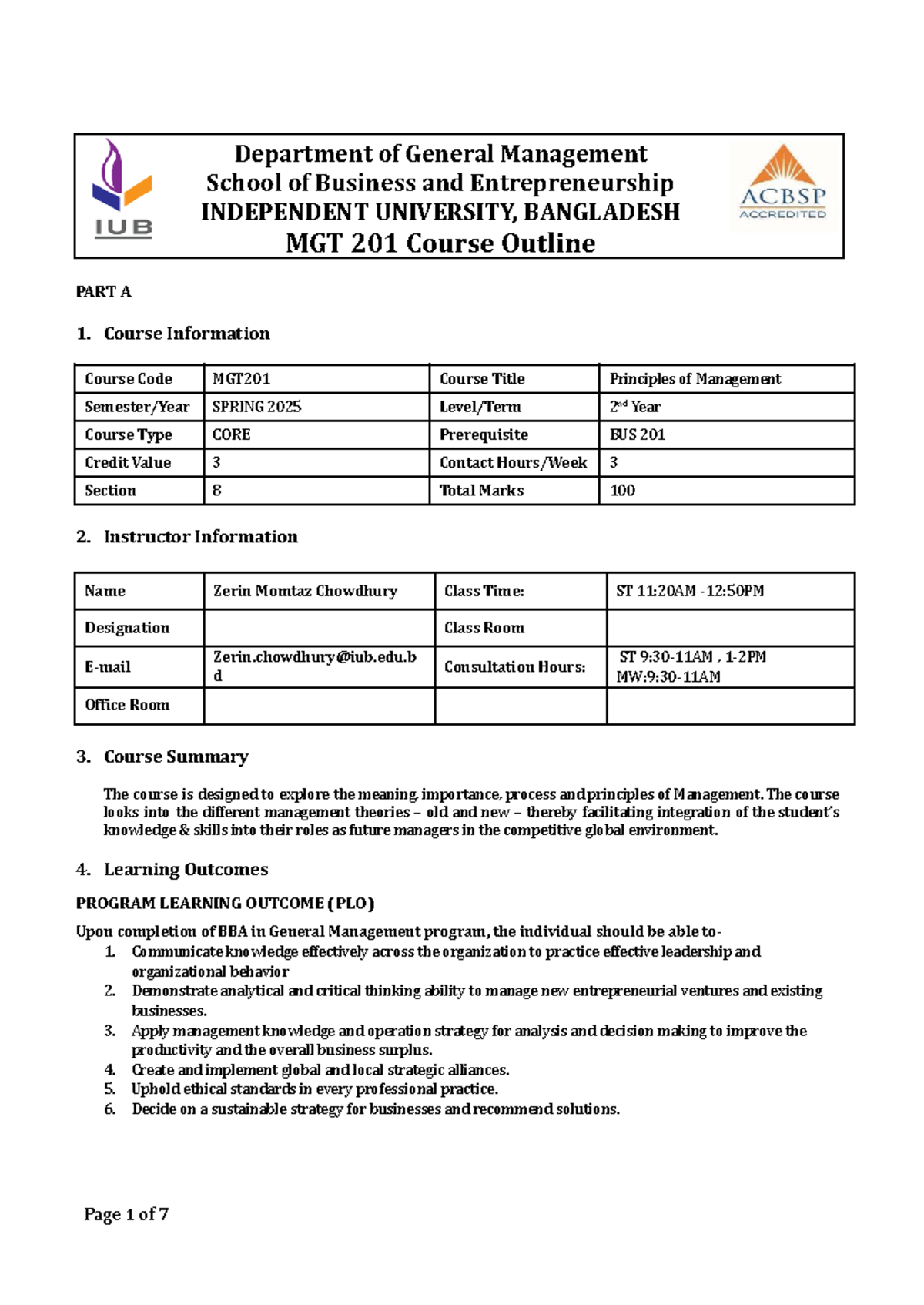 MGT 201 Principles of Management Course Outline - Spring 2025 - Studocu