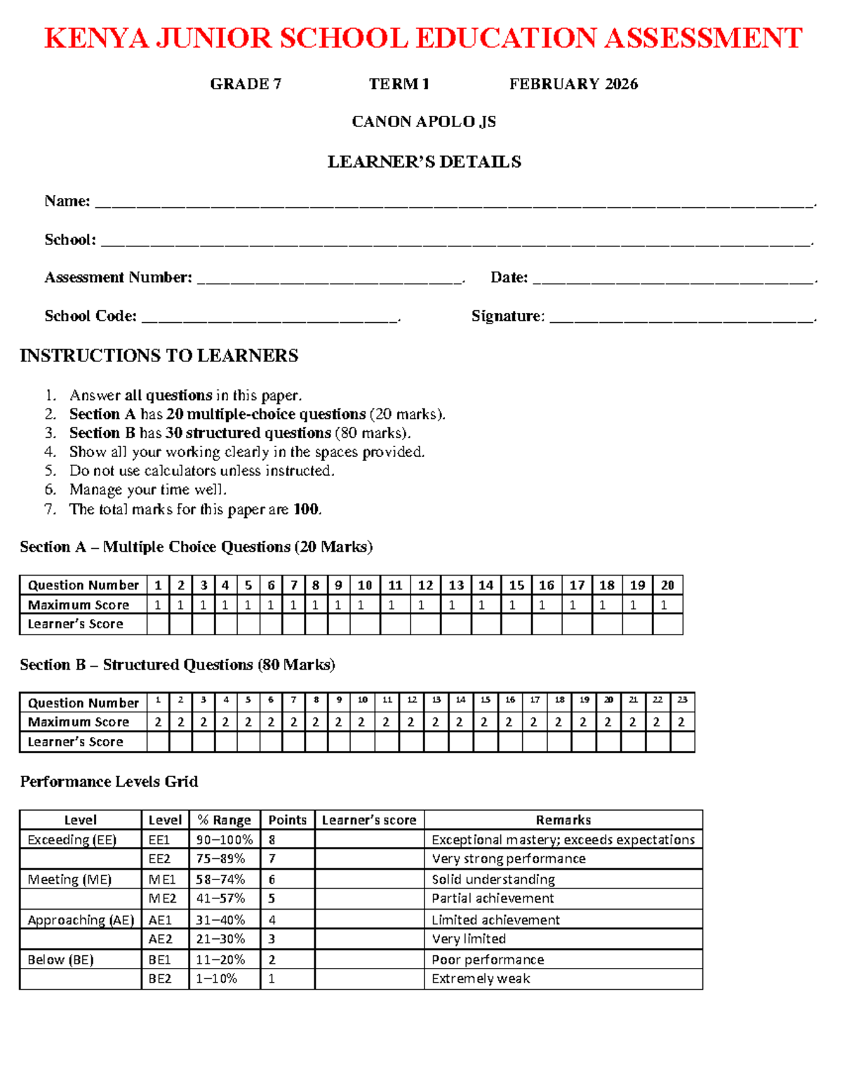 KENYA JUNIOR SCHOOL ASSESSMENT GRADE 7 TERM 1 FEB 2026 - Studocu