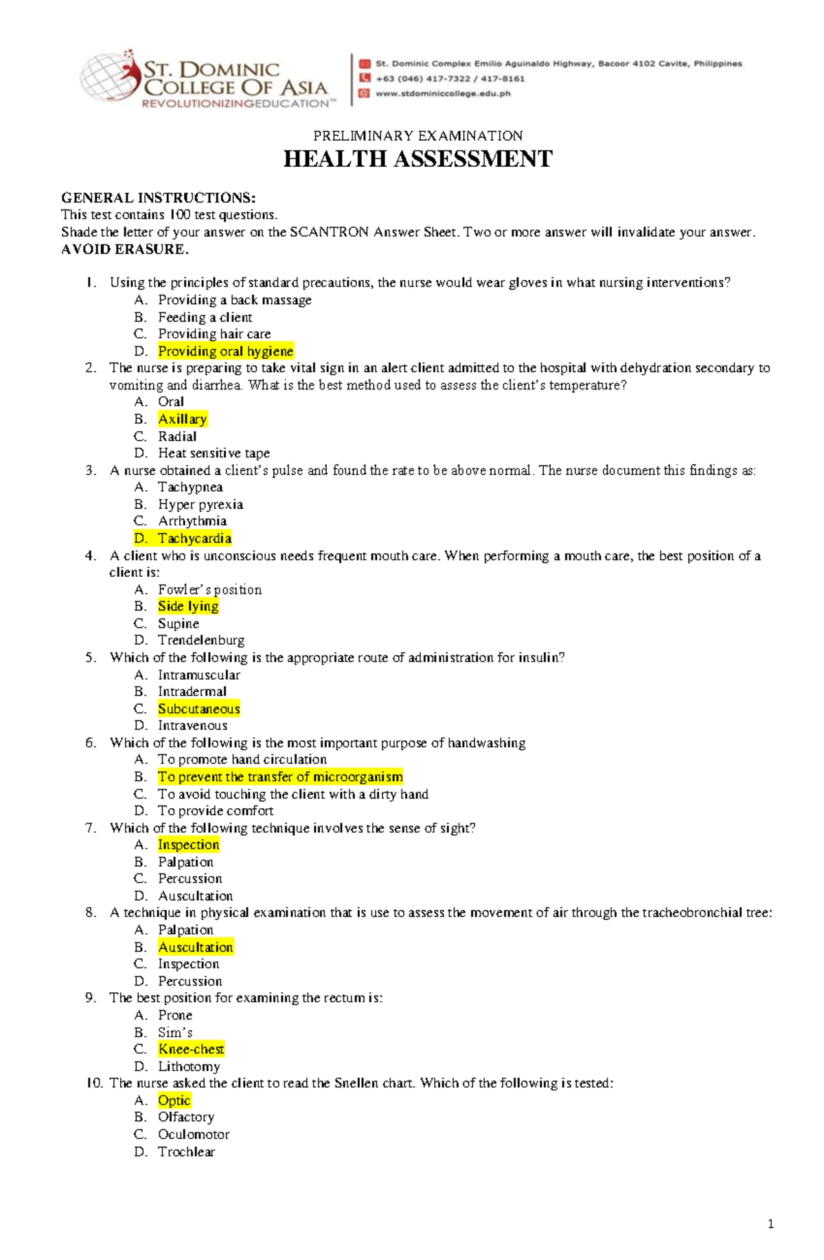 Health Assessment - QUIZ REVIEWER - HEALTH ASSESSMENT QUIZ Answer the ...
