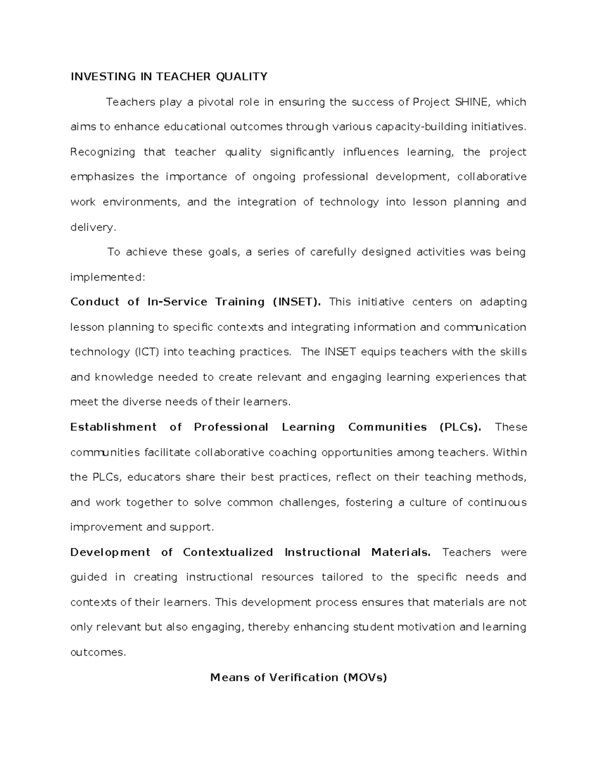 5 Point Reform Agenda: Enhancing Teacher Quality and Student Success ...