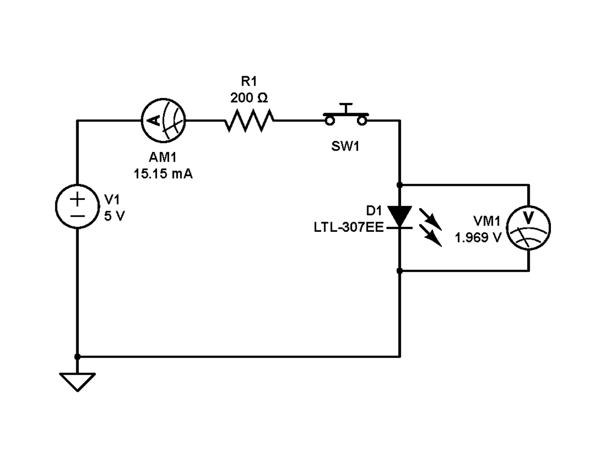 Unnamed-circuit - asdsadasas - R1 200 Ω T A SW1 AM1 15 mA + V1 - 5V D1 ...