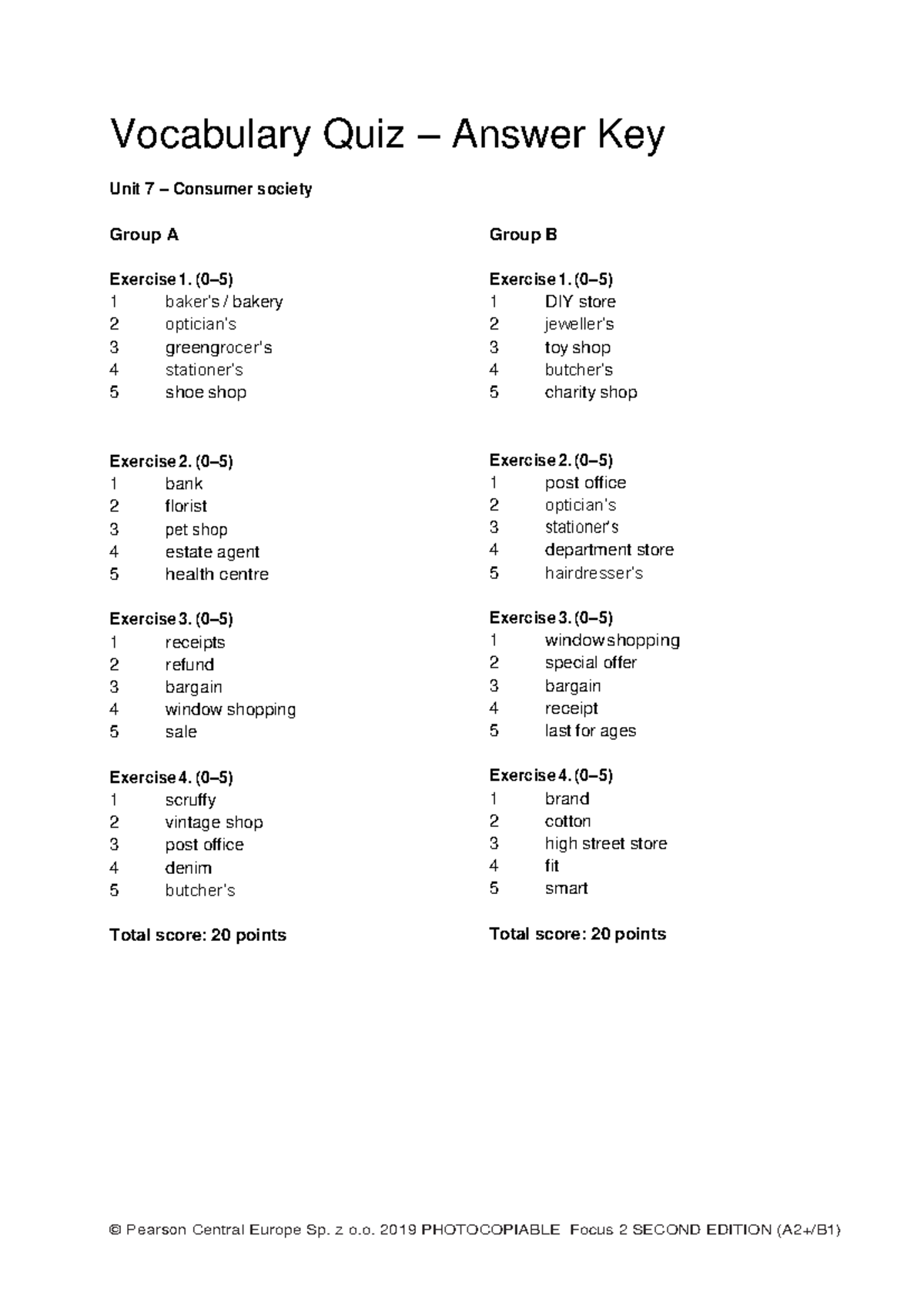 Focus 2 2nd Edition Unit 7 Vocabulary Quiz Answers for Groups A & B ...