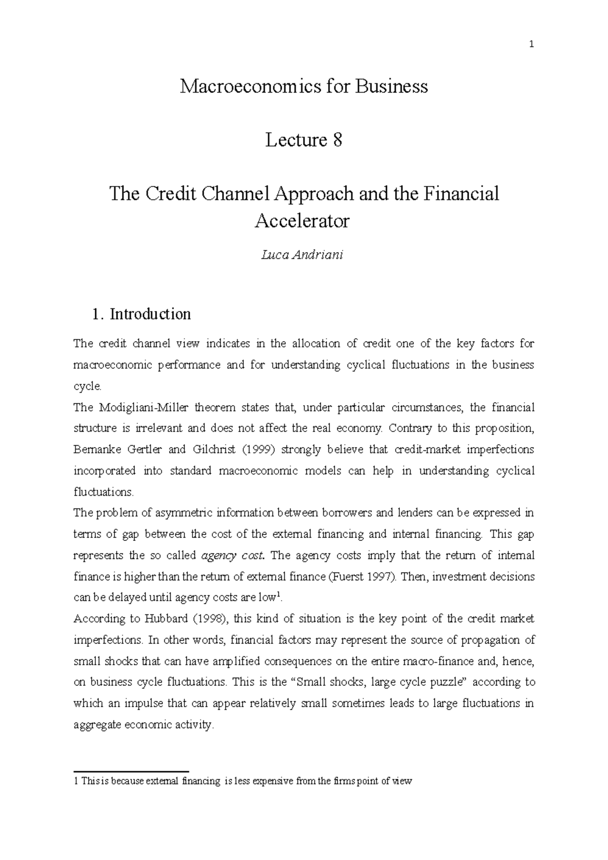 Lecture Notes 8 - The Credit Channel Approach and the Financial ...