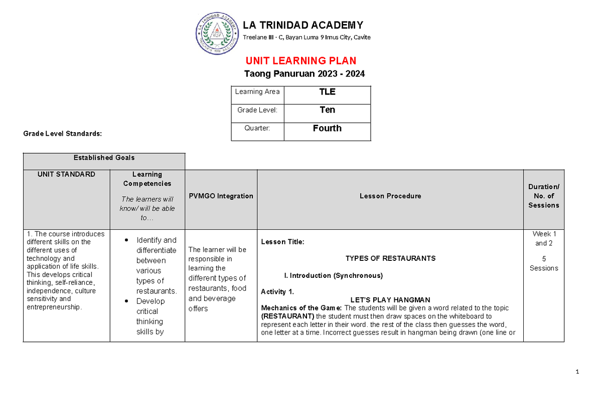 TLE10 Q4 Unit Learning Plan: Exploring Types of Restaurants - Studocu