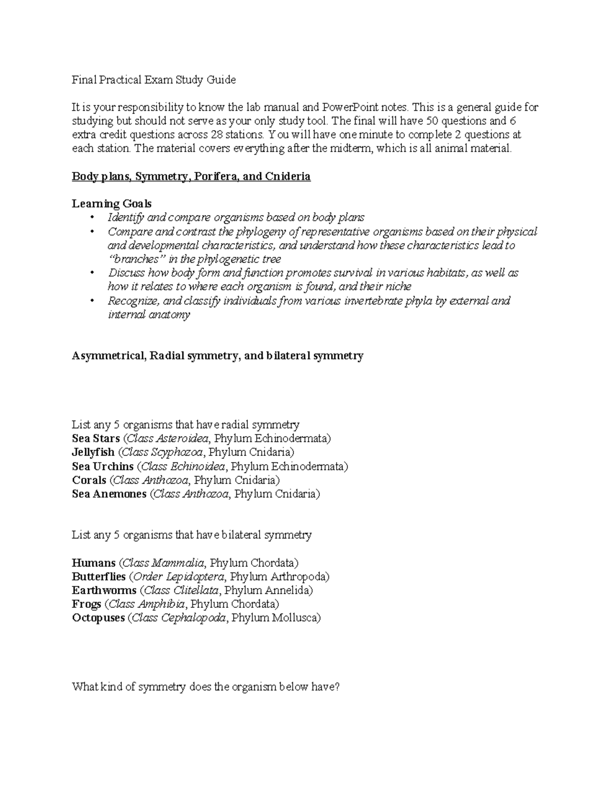 Final Practical Exam Study Guide: Invertebrate Anatomy & Development ...